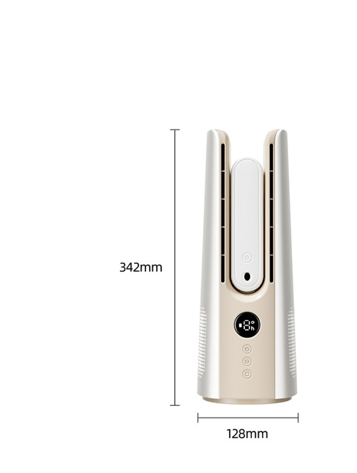 Ein cremefarbenes und goldfarbenes Haarstyling-Gerät mit digitaler Anzeige, die einen Prozentsatz anzeigt. Die Abmessungen sind 342 mm hoch und 128 mm breit.