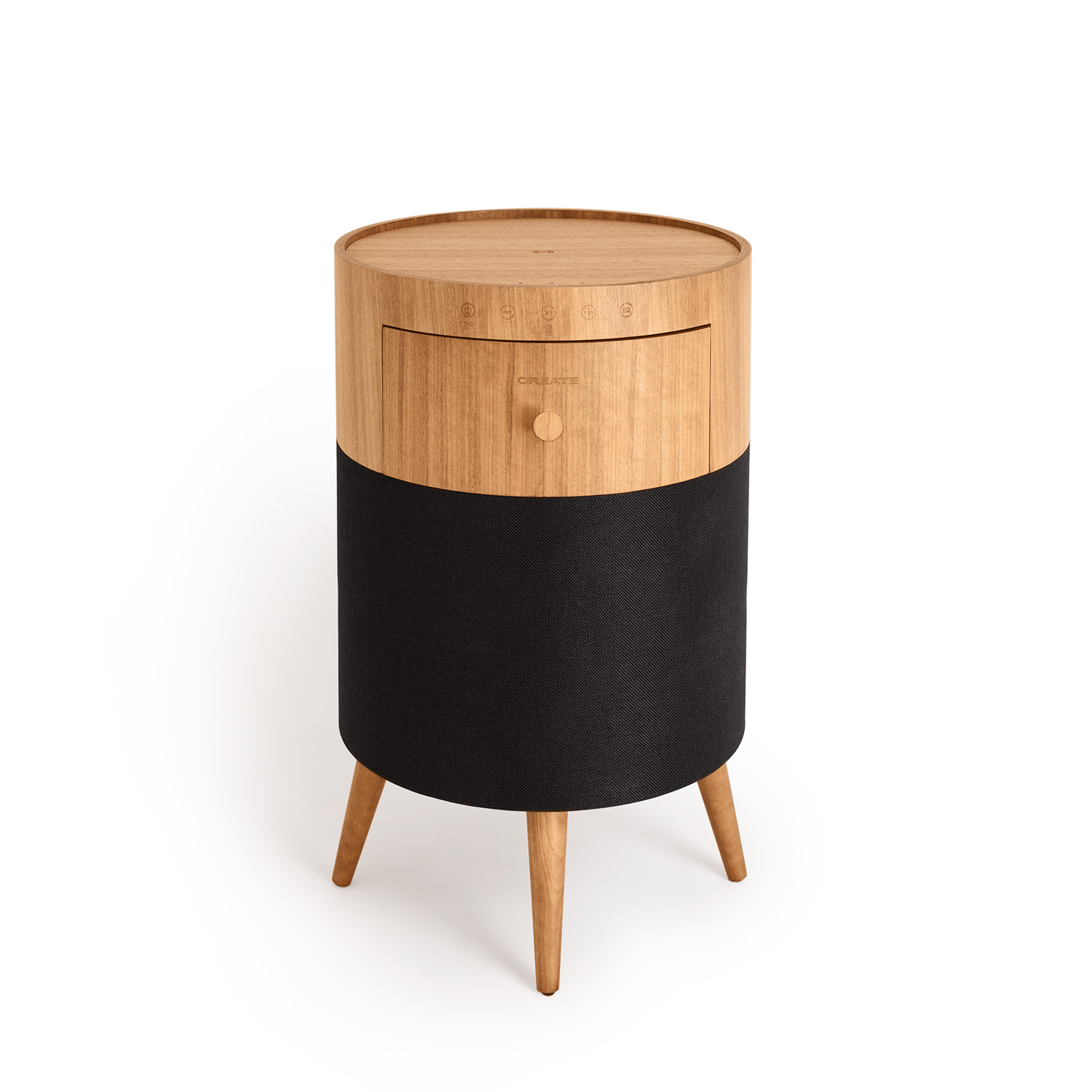 Una mesa auxiliar de madera con tapa redonda y base de tela negra. Tiene tres patas y un cajón.