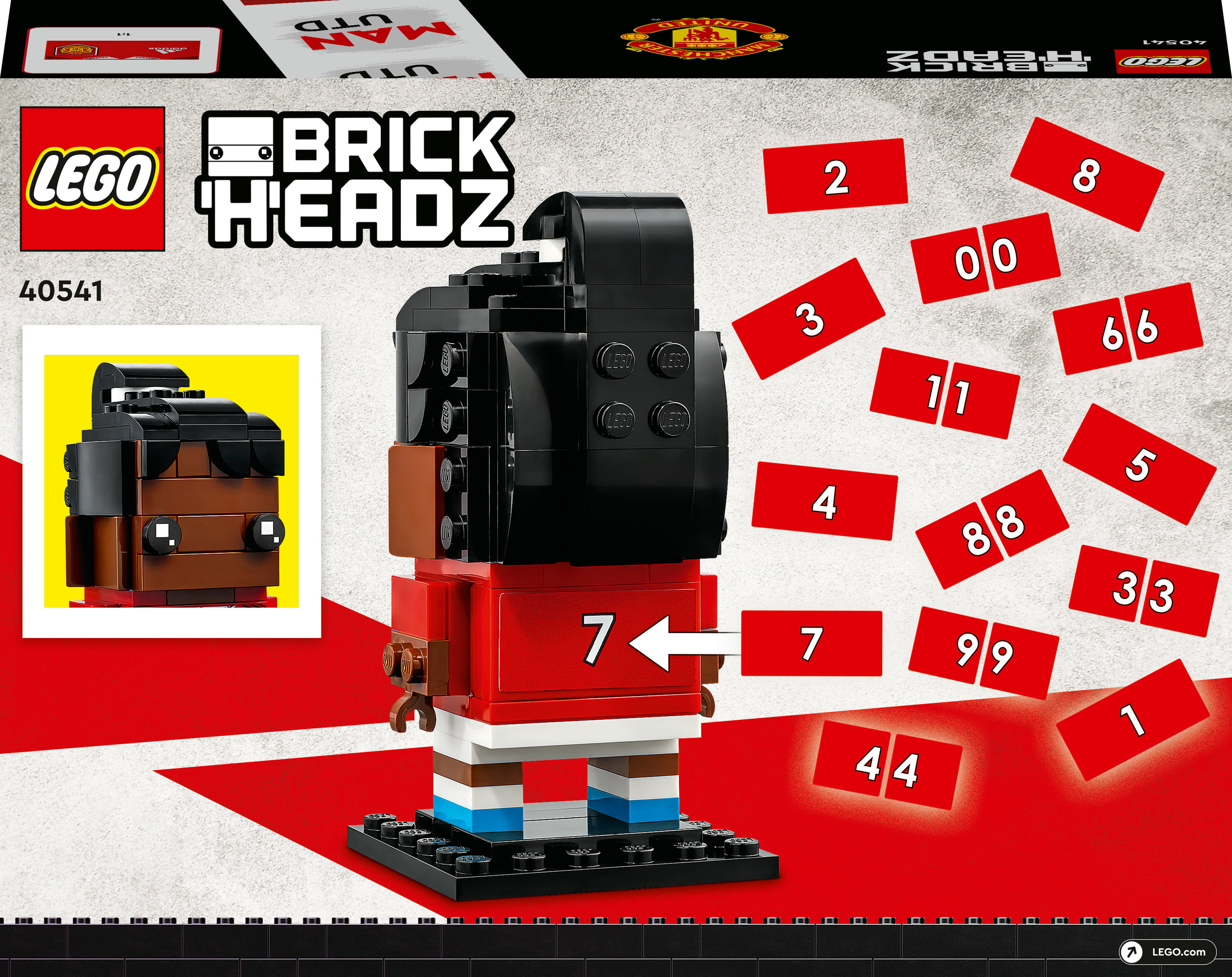 Lego BrickHeadz modeli. Kırmızı, siyah ve kahverengi bir figür içerir. Kırmızı kartlar üzerinde sayılar dağılmış.