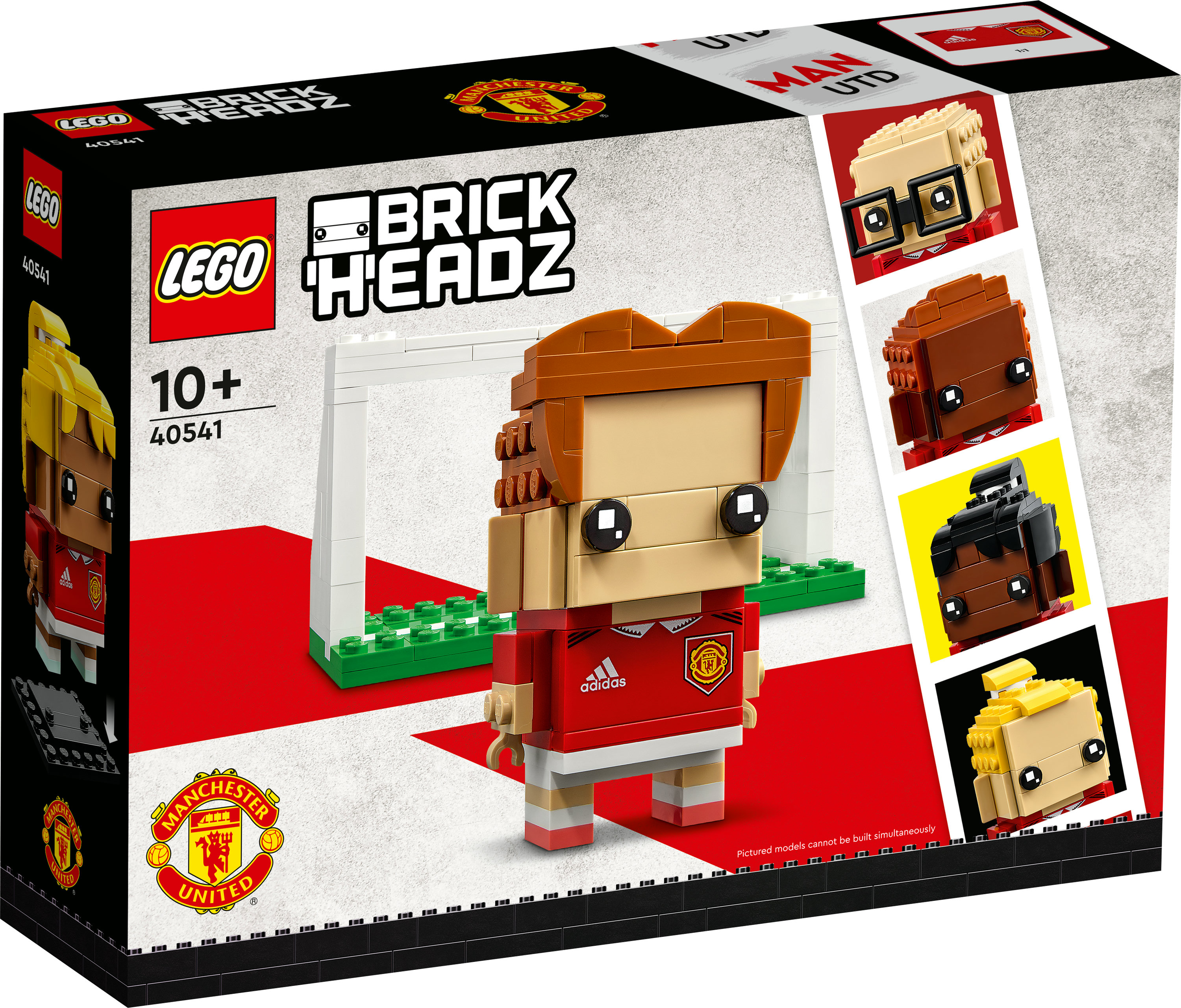 Lego BrickHeadz kutu seti. Bir Manchester United oyuncu figürü içerir. Kale, kırmızı ve beyaz arka plan ve diğer Lego figürleri içerir.