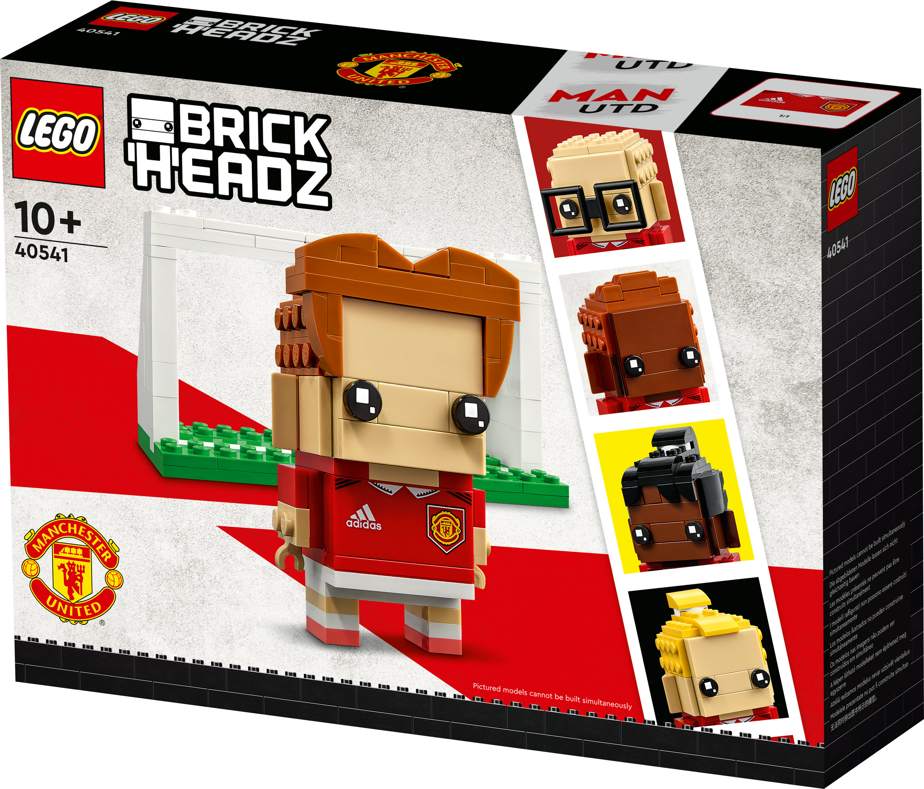 Lego BrickHeadz kutusu. Kırmızı üniformalı bir futbolcunun Lego figürünü ve arka planda bir kaleyi gösterir.