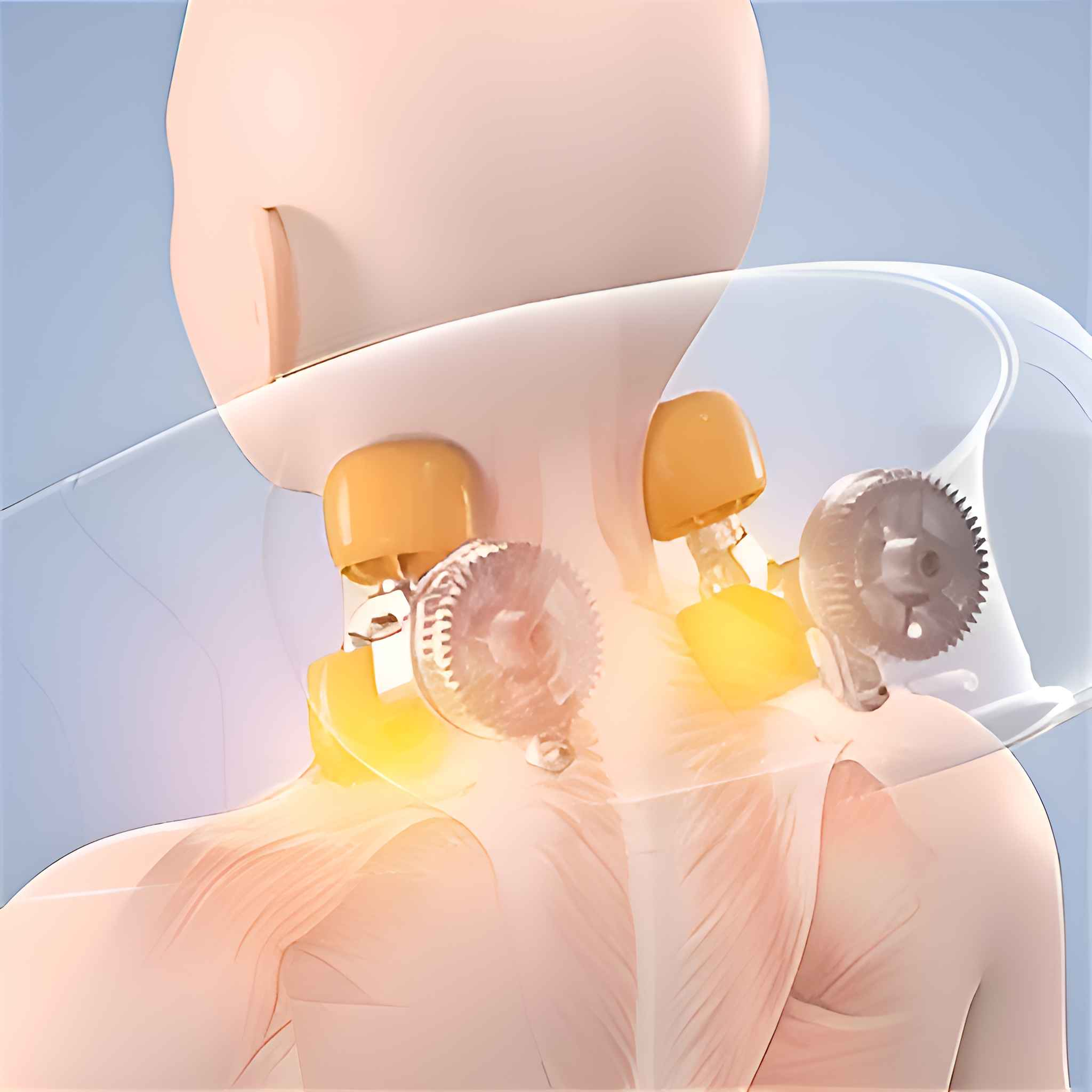 Anatomie eines Nackenmassagegeräts, das Zahnräder und orangefarbene Komponenten um den Hals zeigt, mit abstraktem Hintergrund.