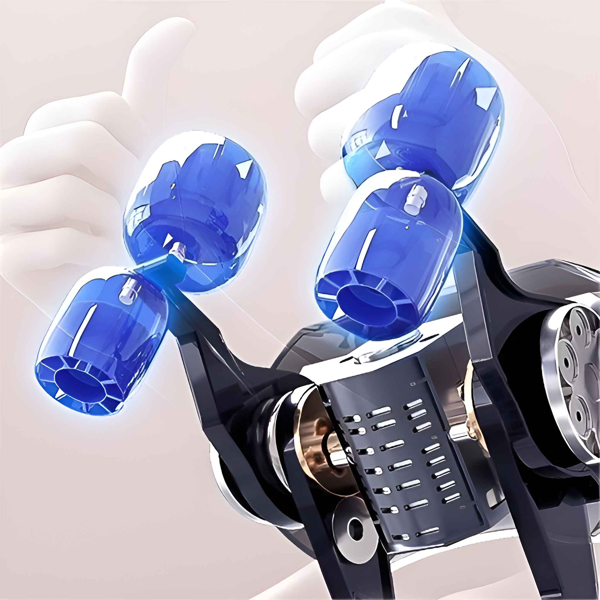 Ein abstraktes Bild zeigt ein mechanisches Gerät mit blauen Zylindern und einer weißen Hand, die einen Daumen hoch zeigt.