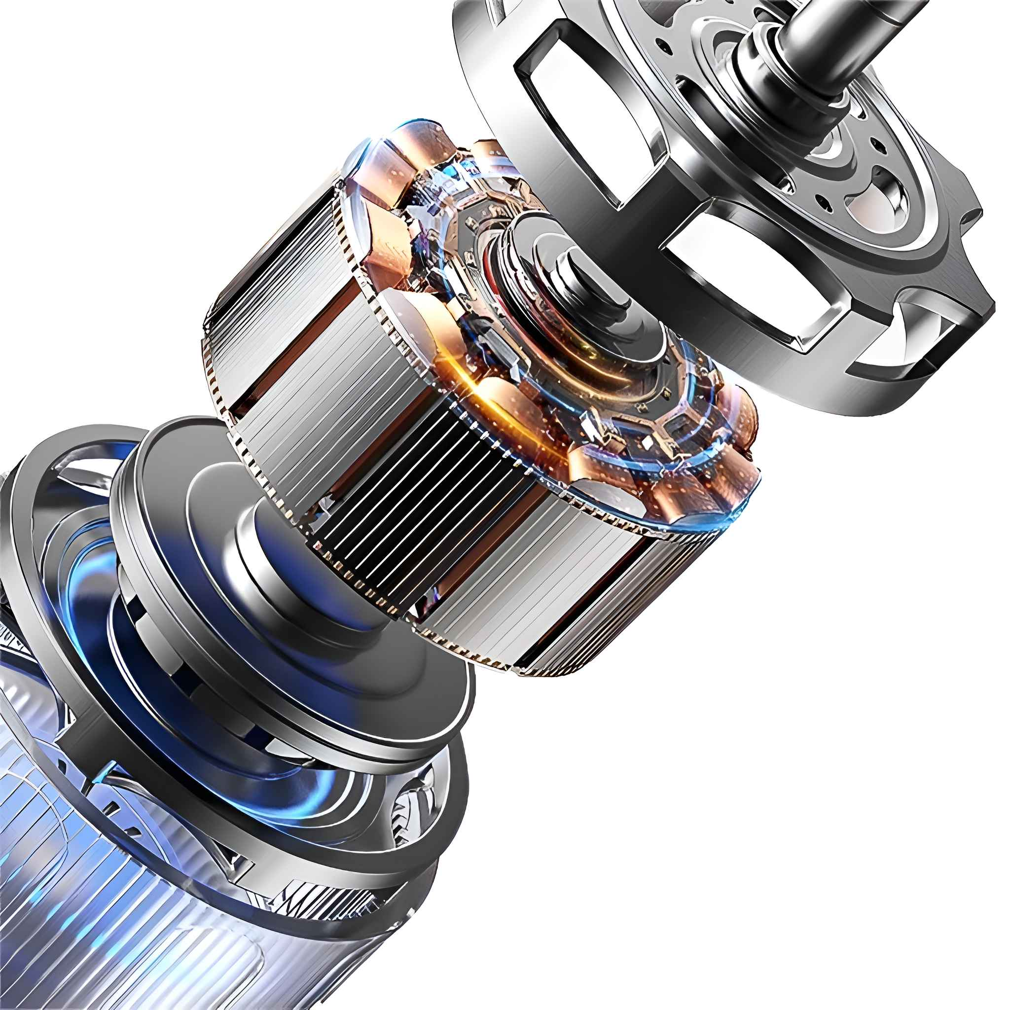 Detaillierte Ansicht eines zerlegten Motors. Metallische Komponenten mit blau-goldenen Akzenten sind sichtbar, weißer Hintergrund.