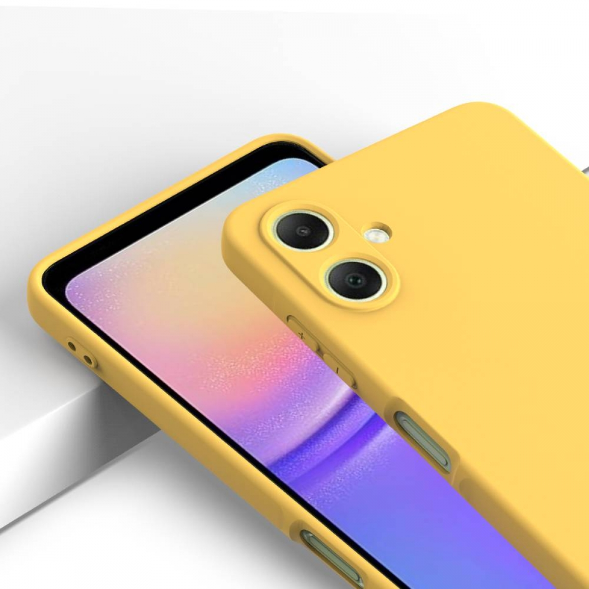 Nahaufnahme einer gelben Handyhülle auf einem Telefon. Der Bildschirm zeigt ein farbenfrohes Bild. Der Hintergrund ist weiß.