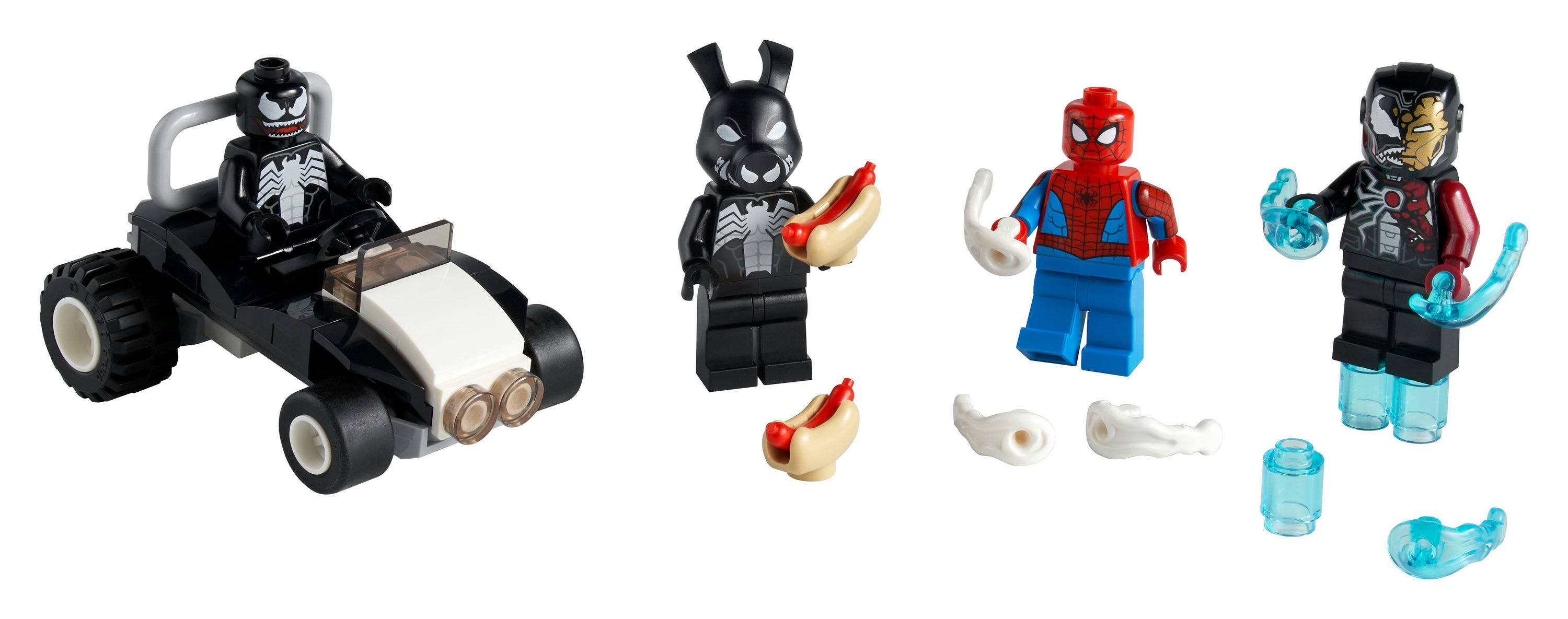 Lego seti: Siyah arabada Venom, sosisli sandviç tutan Venom, Örümcek Adam ve aksesuarlı Iron Man Venom.