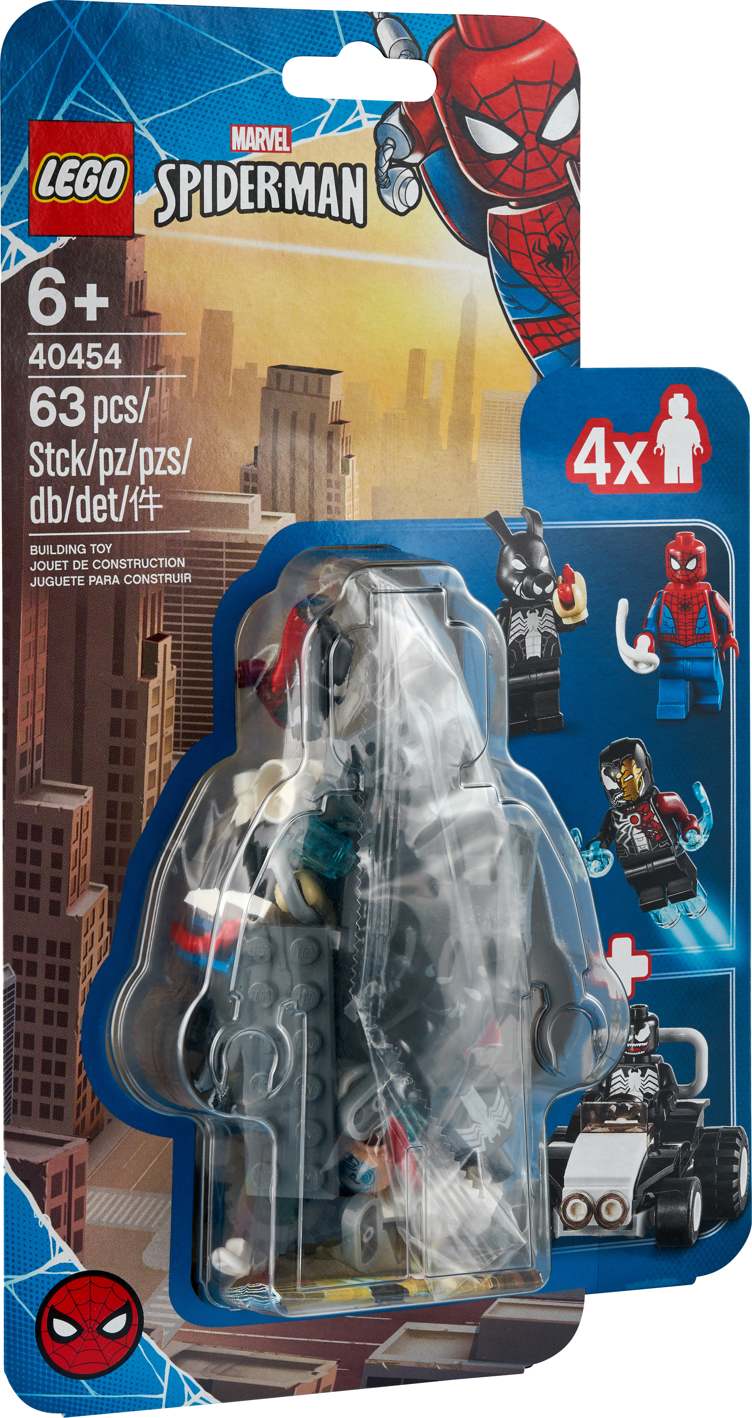 Figürler ve araç içeren Lego Spiderman seti. Spiderman, Venom ve diğer karakterleri içerir. Mavi ve kırmızı temalı bir kutuda paketlenmiştir.