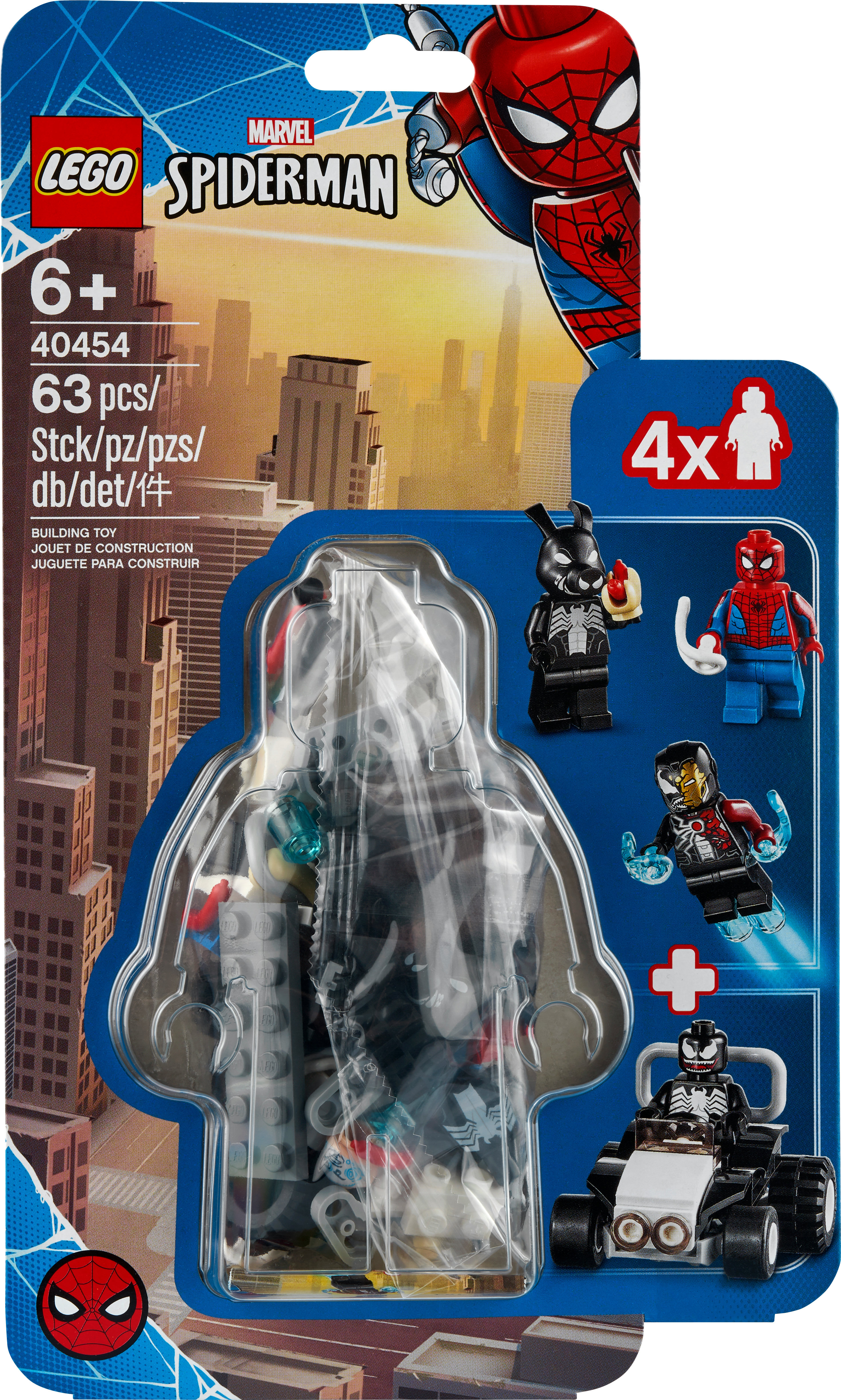 Lego Spiderman set ambalajı. Spiderman, Venom ve Iron Man Lego figürleri içerir. Arka plan şehir binalarını gösterir.