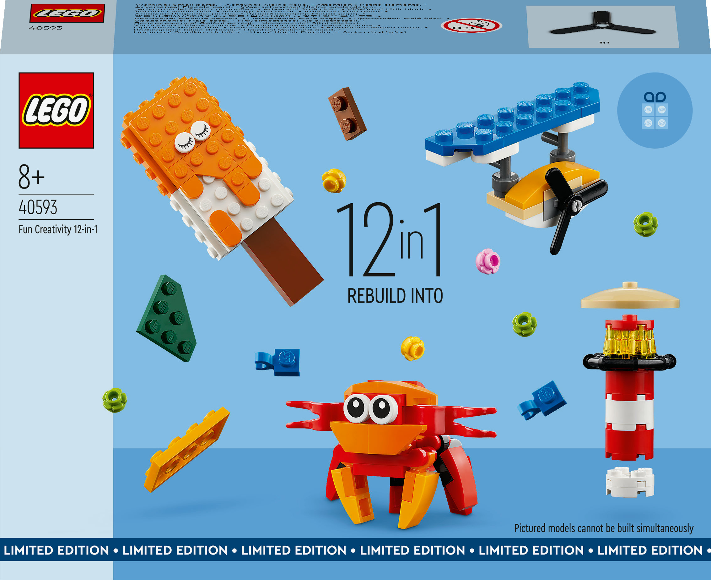 LEGO set met diverse bouwwerken: ijsje, krab, vliegtuig, vuurtoren en meer. Onderdelen in verschillende kleuren.