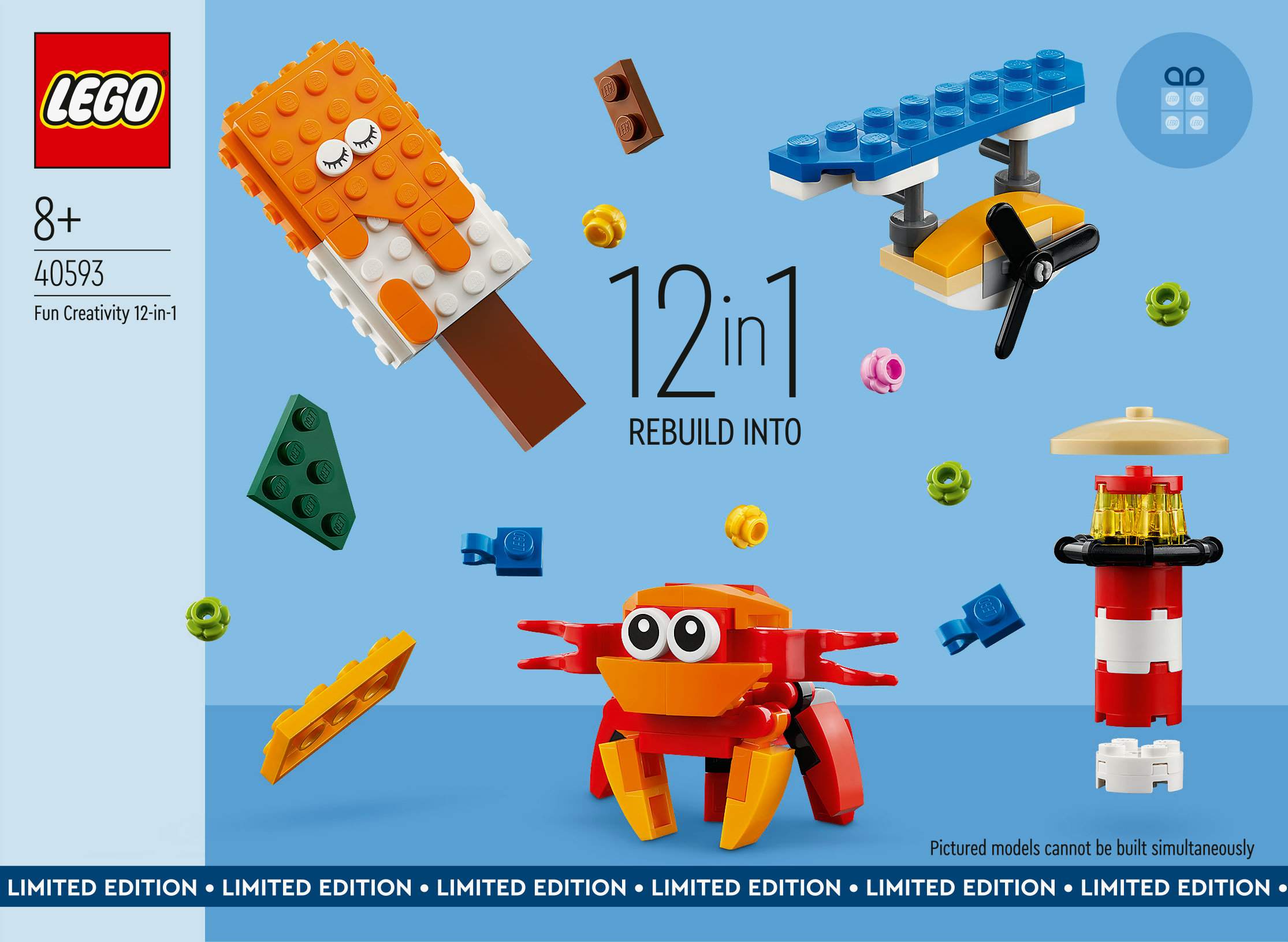 LEGO-set met diverse modellen: ijslolly, vliegtuig, krab en vuurtoren, op blauwe achtergrond. Bevat de tekst: 12 in 1.