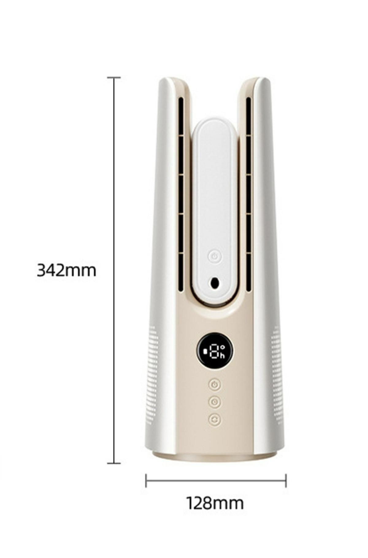 Ein beige-weißer Luftreiniger wird mit den Maßen 342 mm Höhe und 128 mm Breite gezeigt. Er hat ein digitales Display und Steuertasten.
