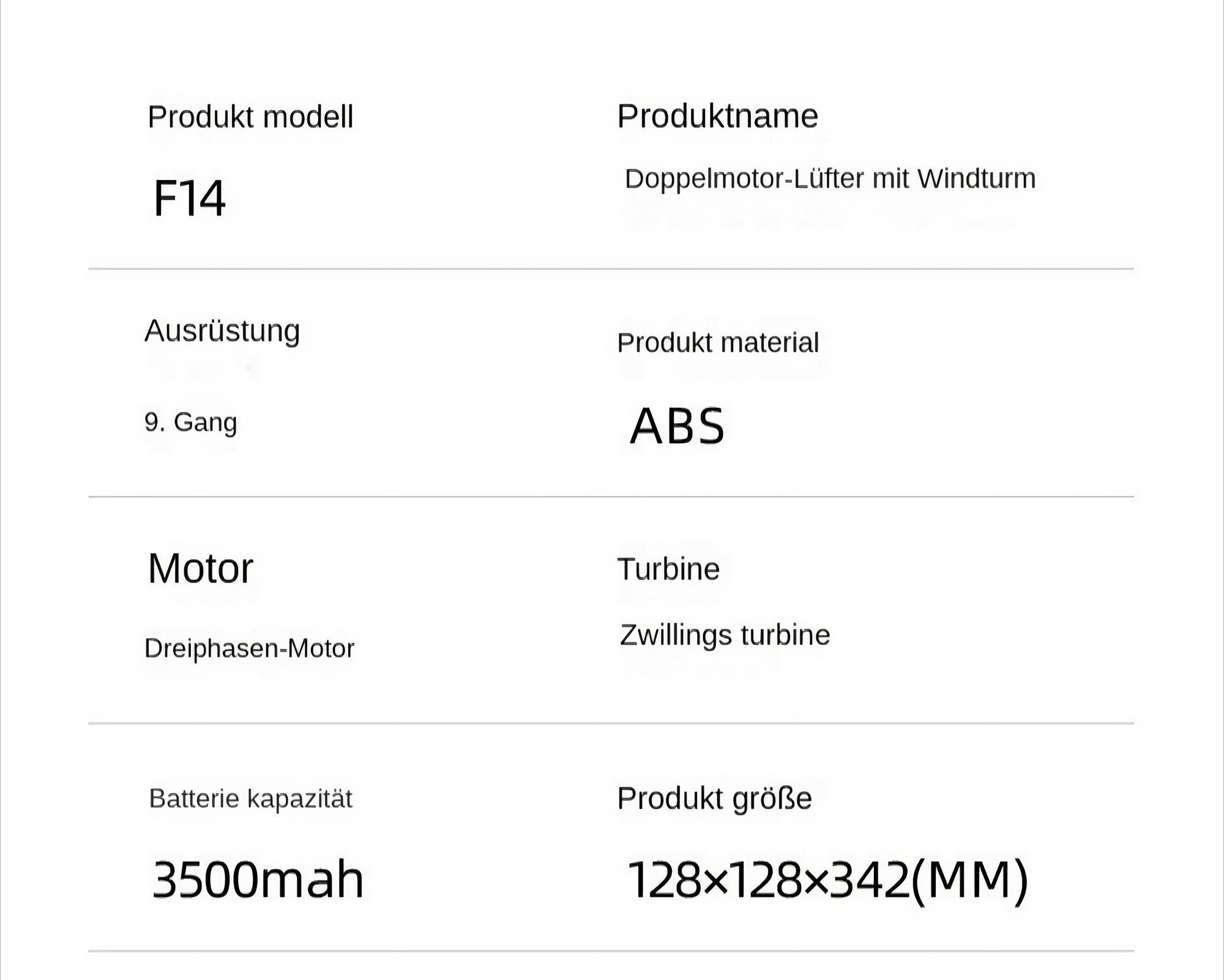 Das Bild zeigt Produktspezifikationen: Modell F14, ABS-Material, 3500 mAh Batterie und Abmessungen 128x128x342mm.