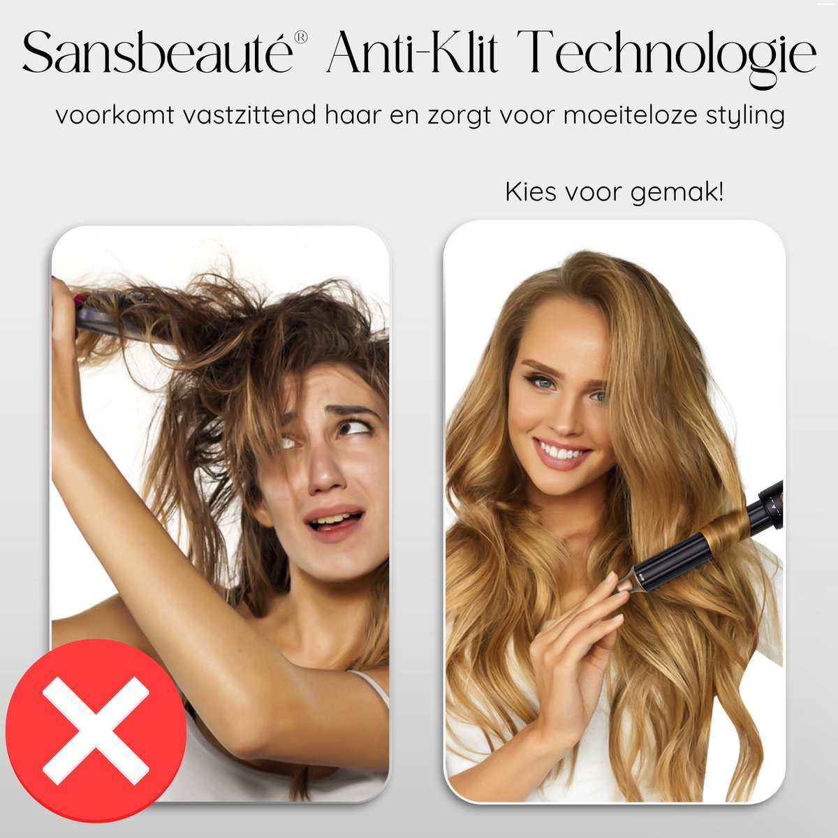 Afbeelding toont bad hair day vs. perfect haar. Vrouw links worstelt met klitten, rode X erover. Rechts toont gestyled haar.