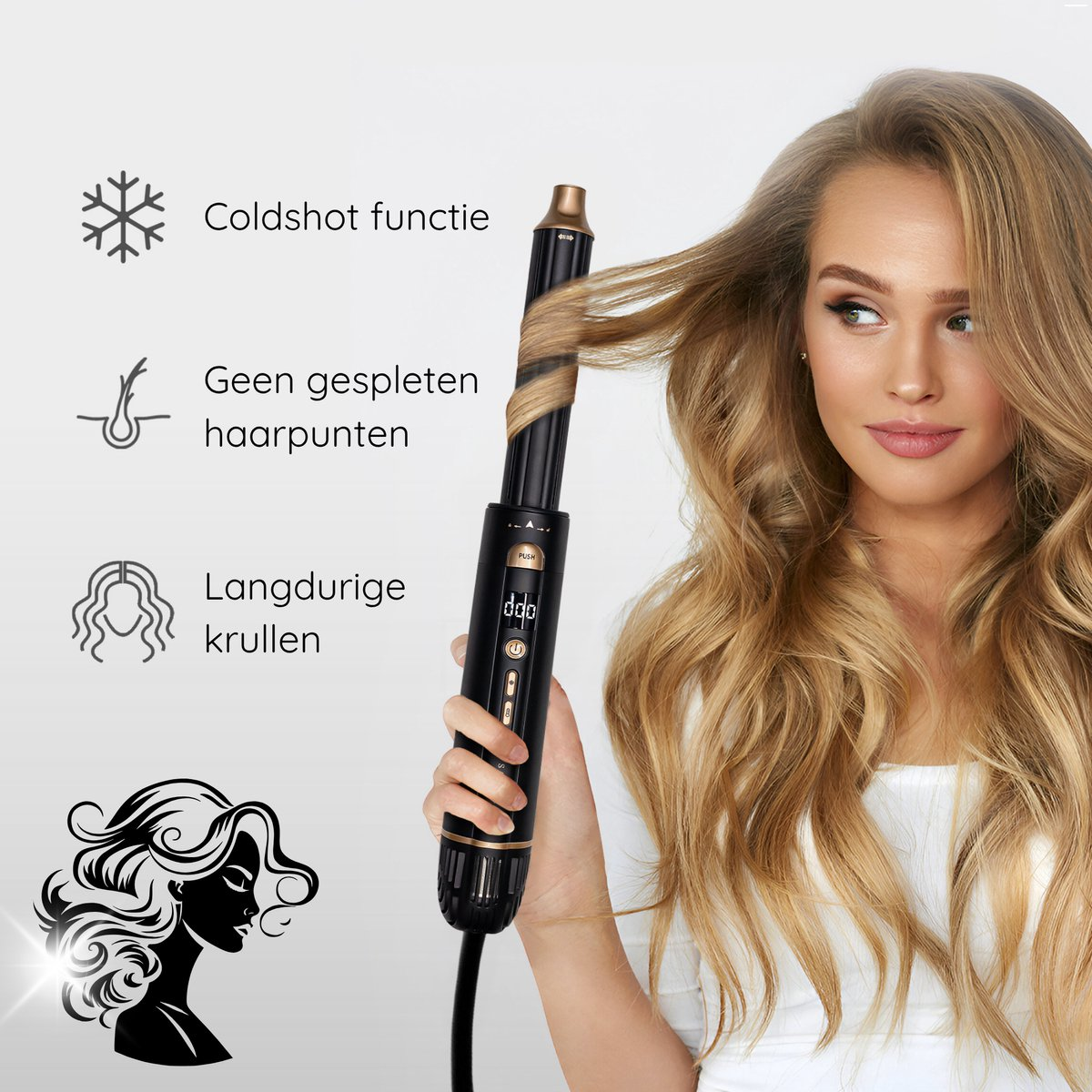 Een vrouw krult haar haar met een zwarte en gouden krultang. De afbeelding bevat pictogrammen en tekst die de kenmerken van het product promoten.