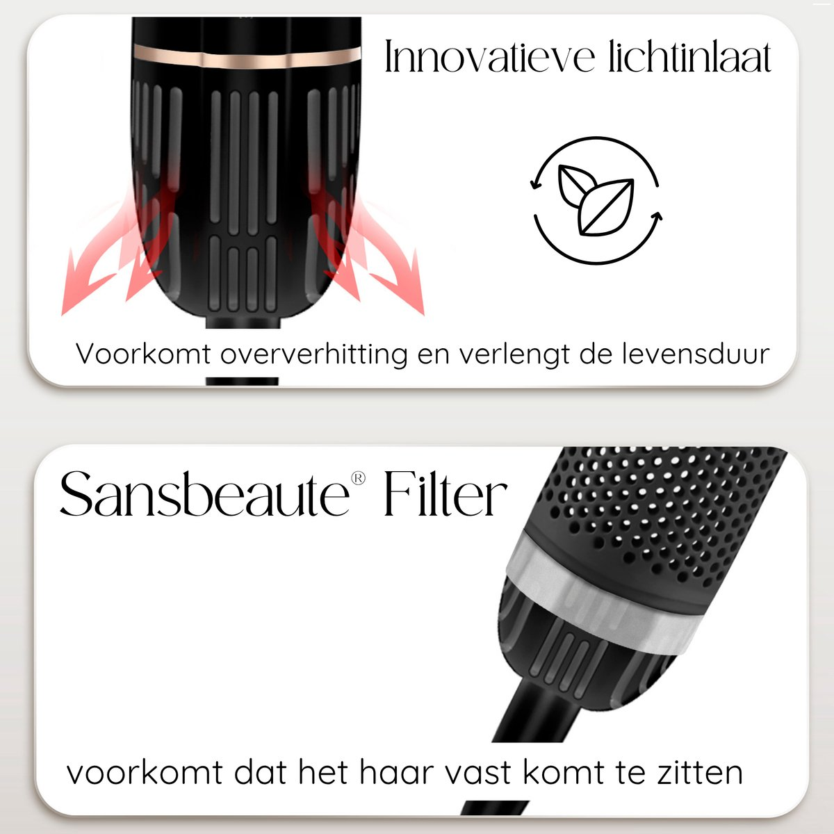 Afbeelding toont een onderdeel van een föhn met tekst over het voorkomen van oververhitting en vastzittend haar. Bevat een bladicoon en de productnaam.