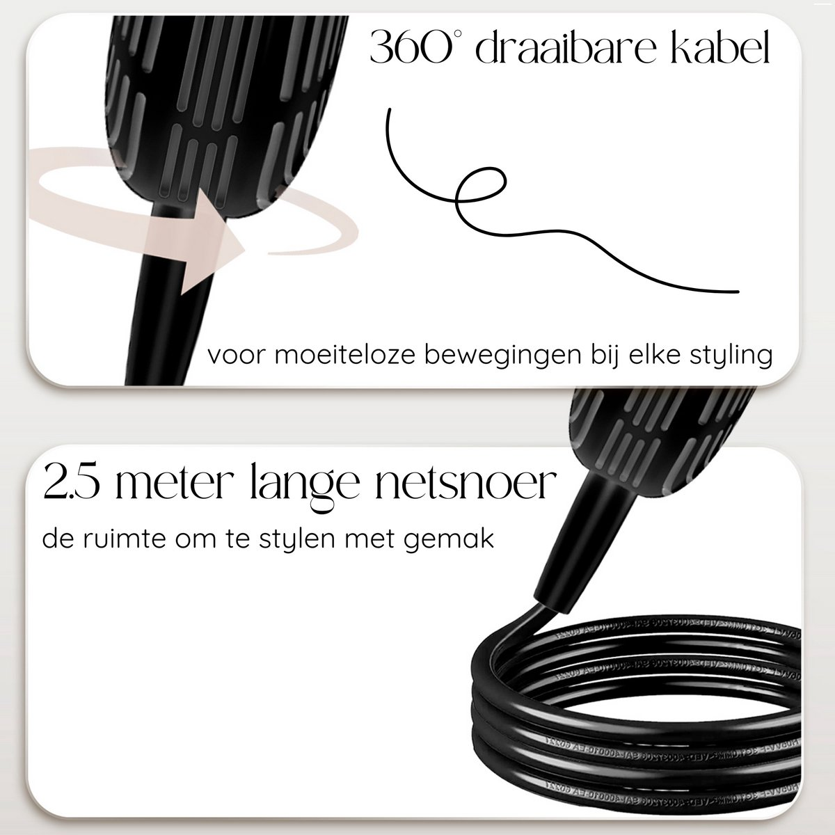 Afbeelding toont details van een haarstylingtool, met een 360 graden draaiende kabel en een 2,5 meter lange voedingskabel voor gemakkelijk stylen.