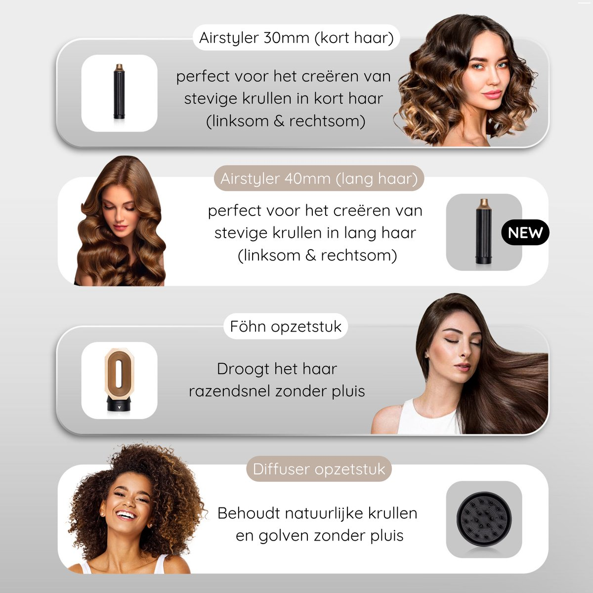 Afbeelding toont haarstylingtools: Airstyler voor kort en lang haar, Föhn opzetstuk en een diffuser. Elk met een beschrijving.