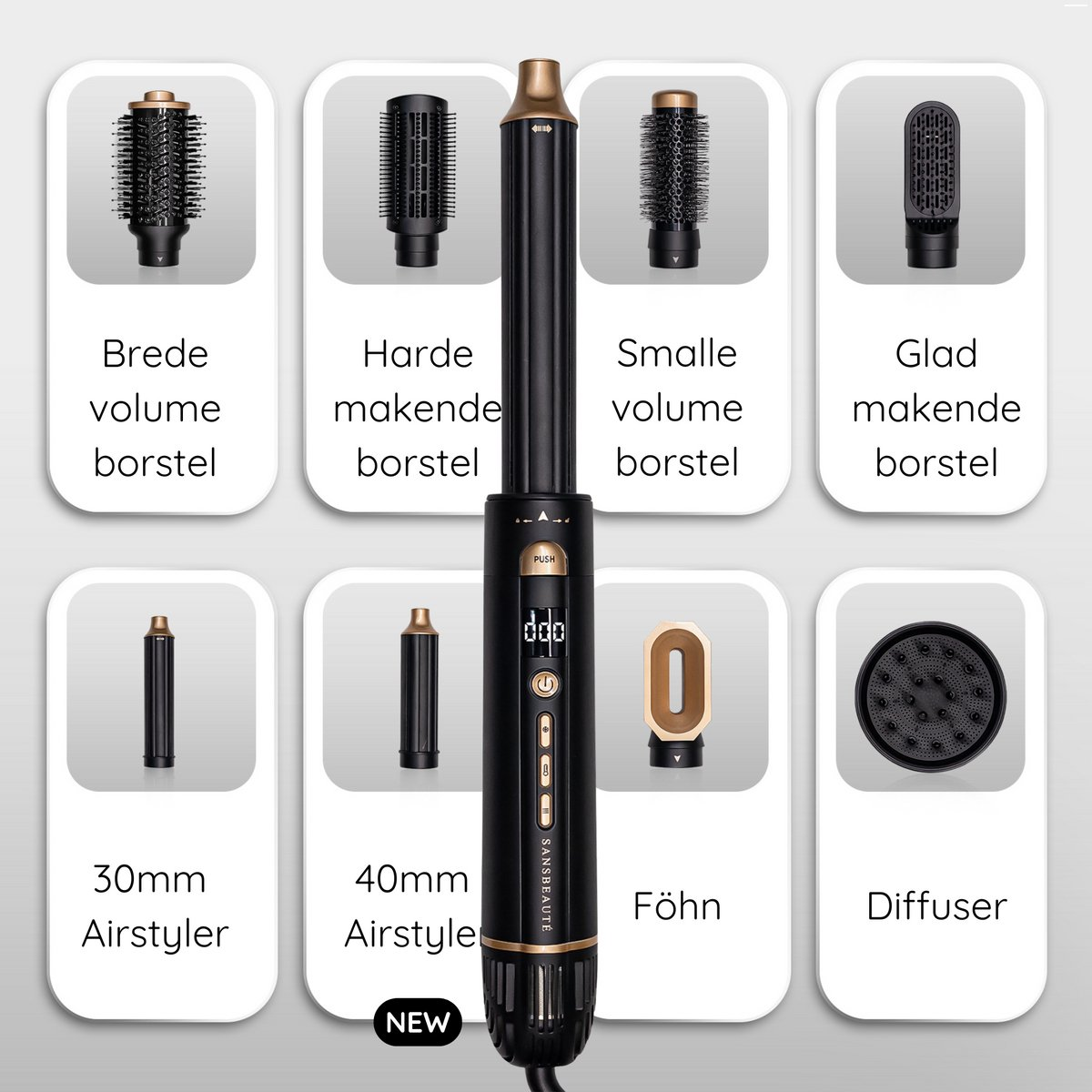 Een air styler met opzetstukken. Inclusief borstelkoppen, stylers en een diffuser. Labels geven functies en maten aan.