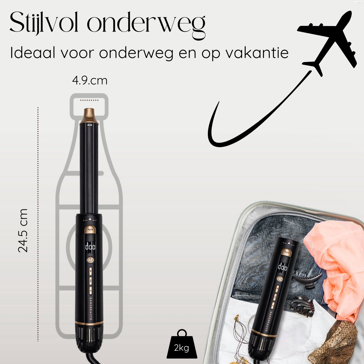 Een krultang naast een koffer met kleding. Een vliegtuig en tekst in het Nederlands staan ook in de afbeelding.