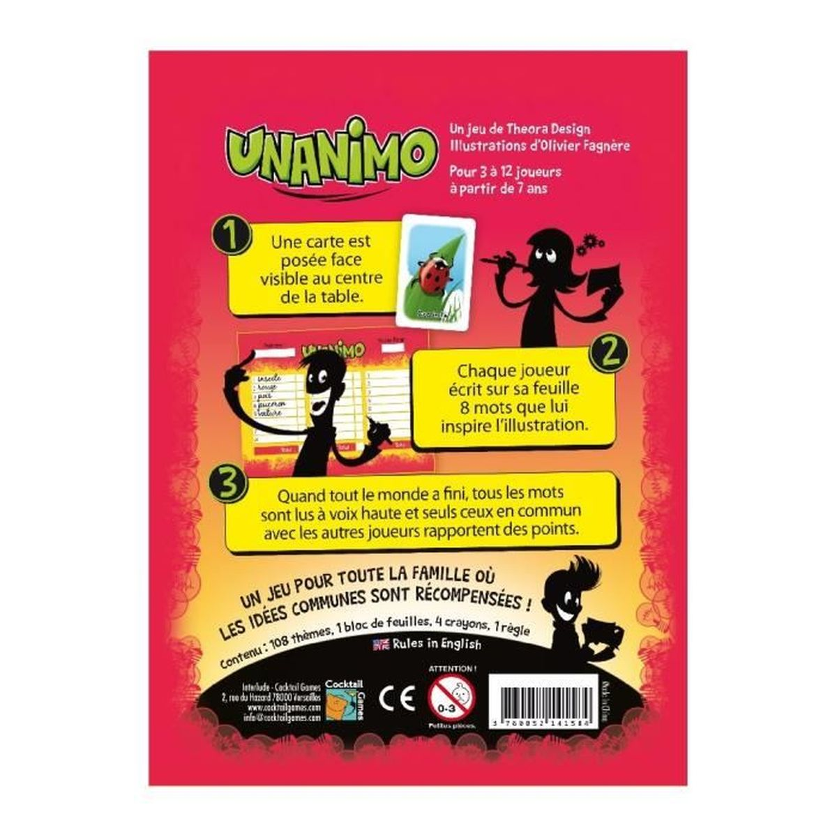 Una scatola di gioco rossa con istruzioni, illustrazioni e testo in francese. I numeri 1, 2 e 3 evidenziano i passaggi del gioco.