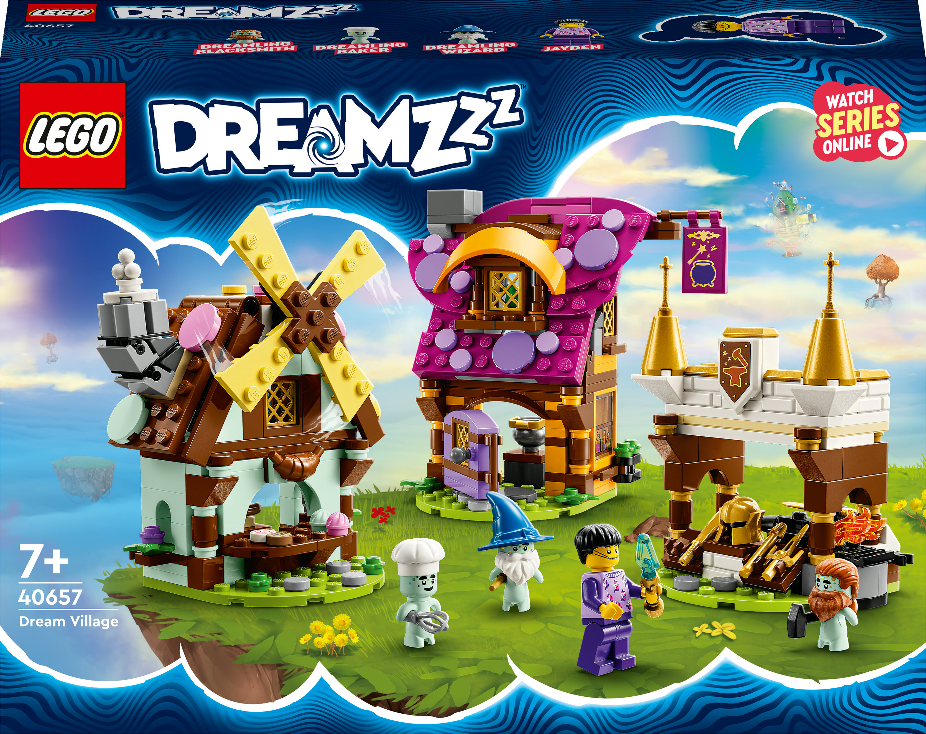 Zestaw LEGO Dream Village. Zawiera budynki, minifigurki i akcesoria. Zawiera wiatrak, dom i most.