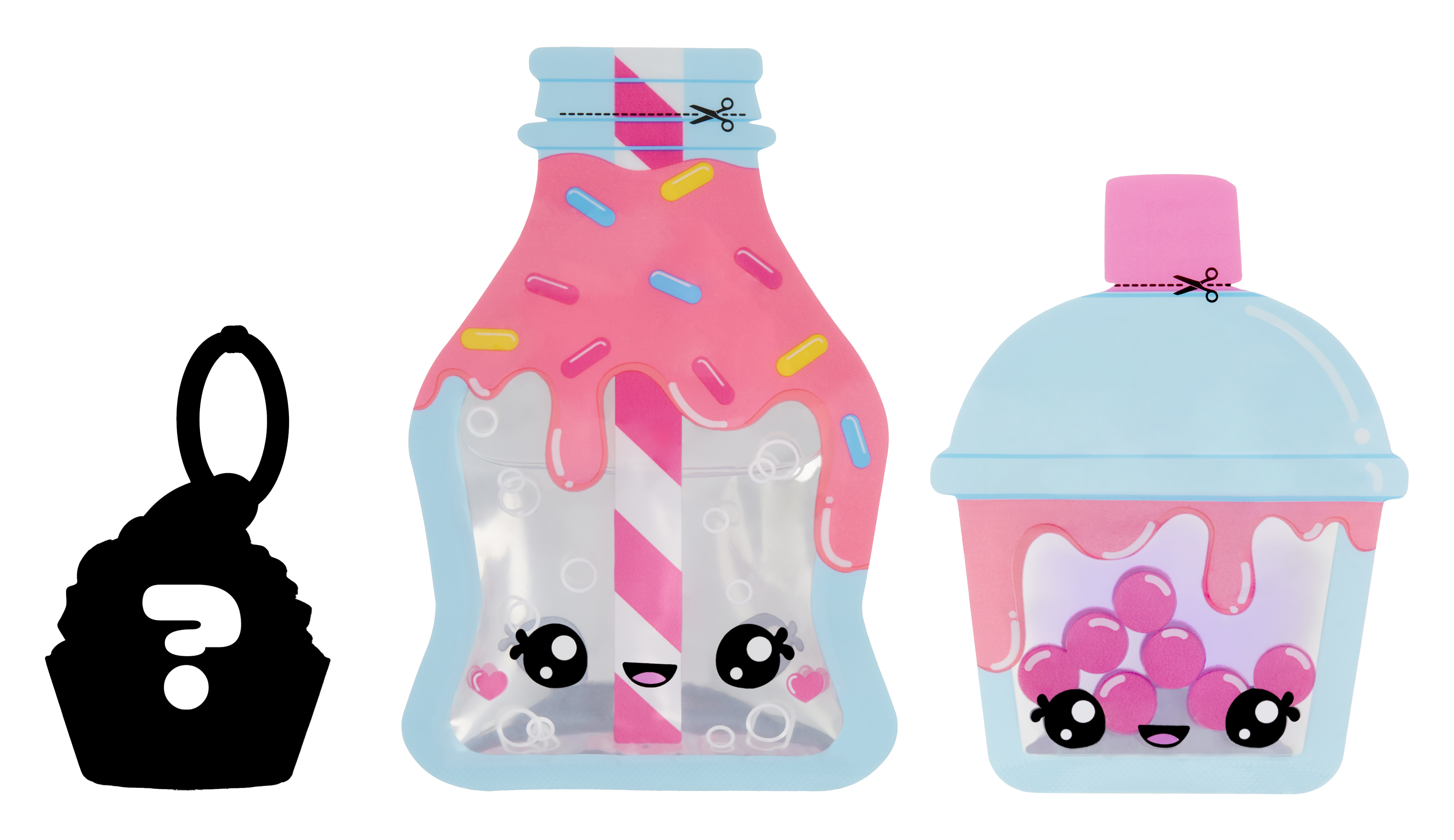 Obraz przedstawia trzy pojemniki na zabawki. Po lewej stronie czarna babeczka ze znakiem zapytania. Środek i prawa strona to pojemniki na napoje z uroczymi twarzami.