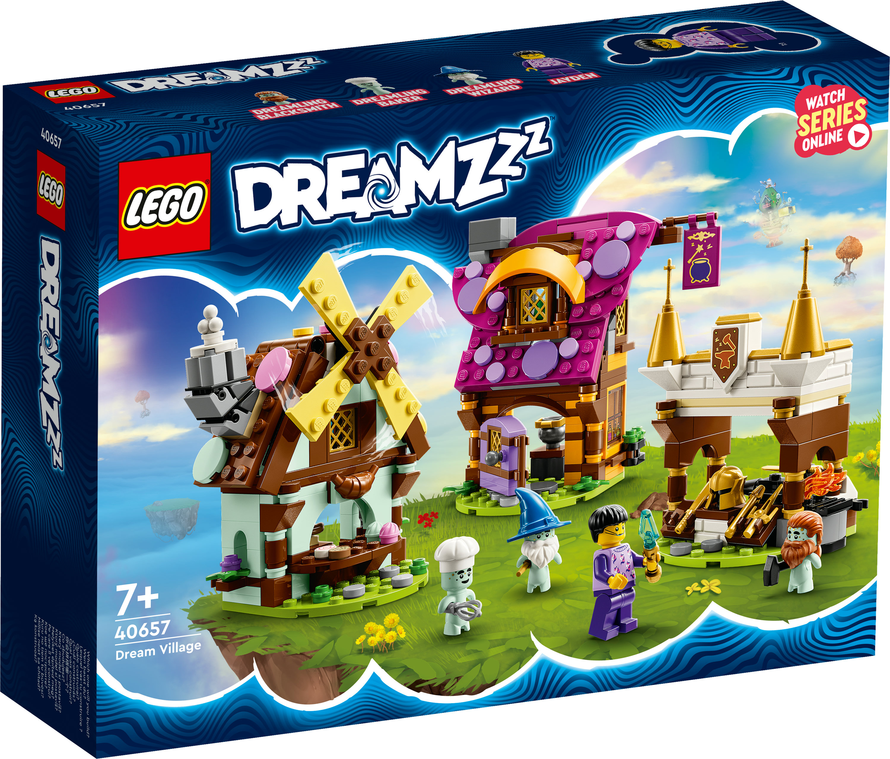 Pudełko zestawu LEGO Dreamzzz. Zawiera budynki, wiatrak, postacie i nazwę Dream Village. Zawiera 'Oglądaj serial online'.