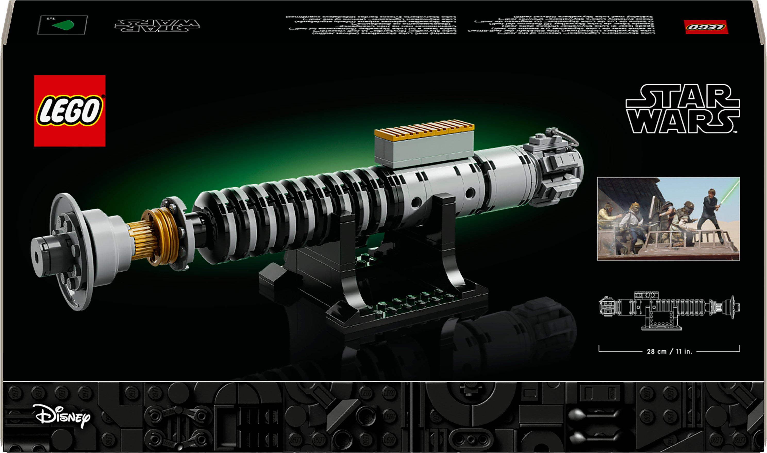 Bir LEGO Star Wars seti kutusu, bir ışın kılıcı modeli içeriyor. Kutu, LEGO ve Star Wars logolarıyla siyah ve yeşildir.