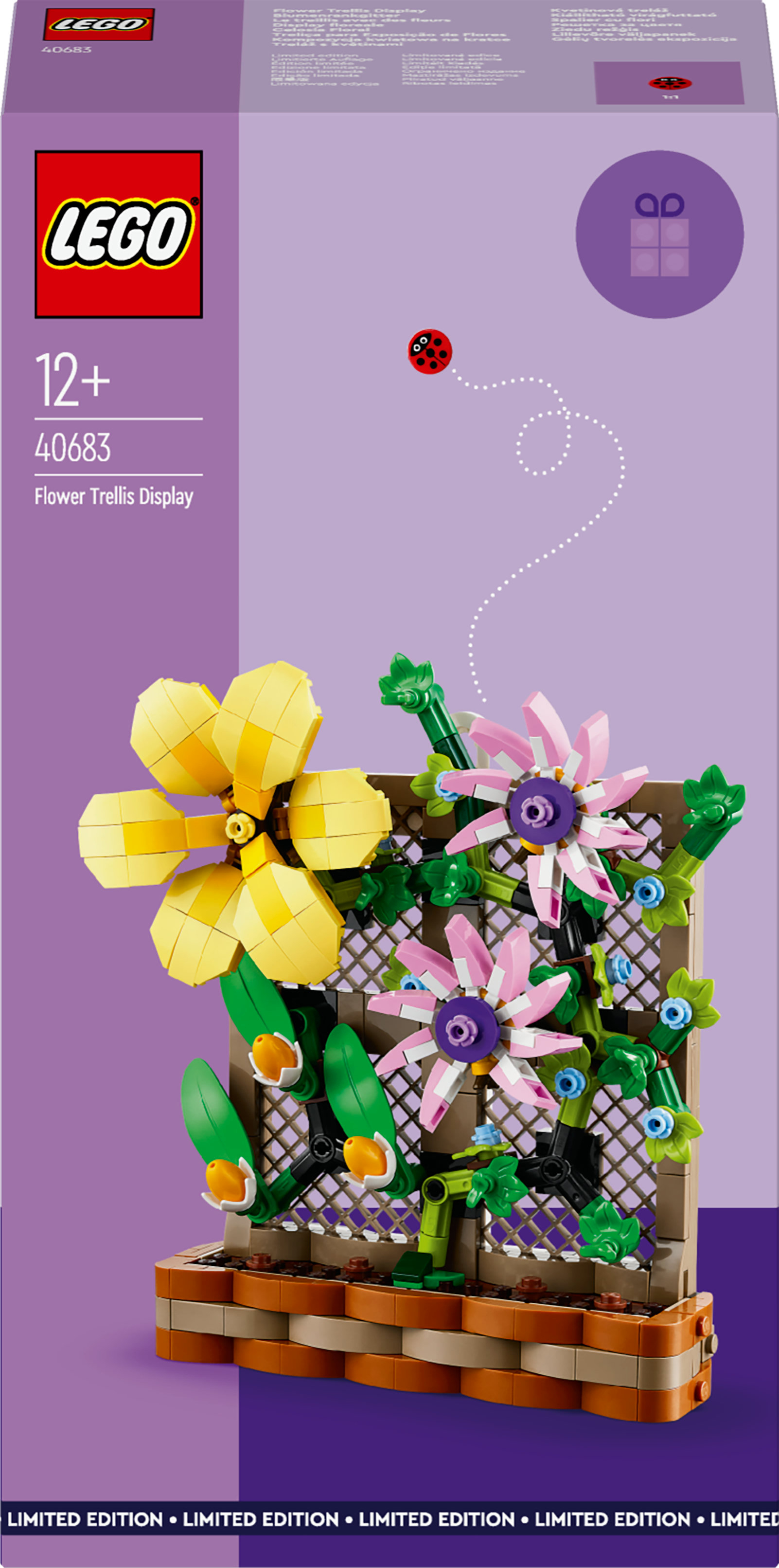 Zestaw LEGO: Flower Trellis Display. Zawiera żółte i różowe kwiaty, biedronkę, kratę i podstawę z cegieł. Edycja limitowana.