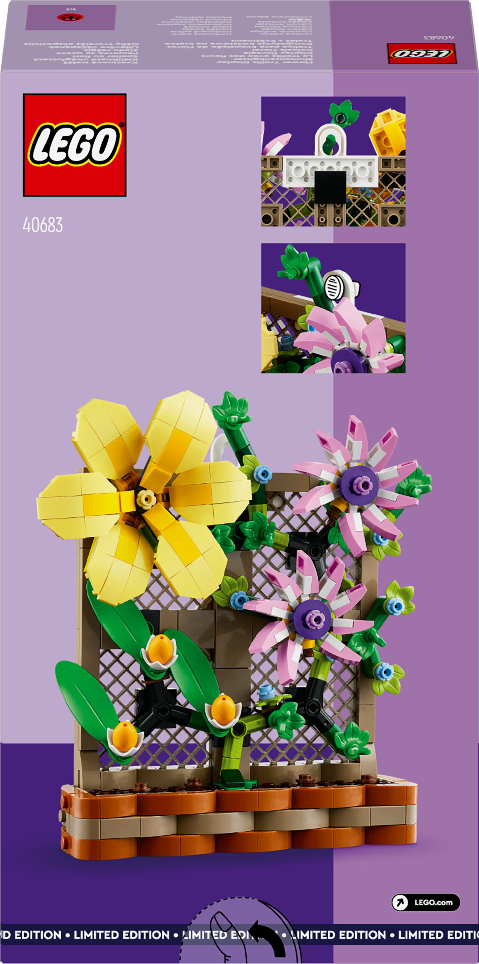 Pudełko zestawu LEGO z ekspozycją kwiatową. Zawiera żółte i różowe kwiaty, zielone liście i brązową kratę.