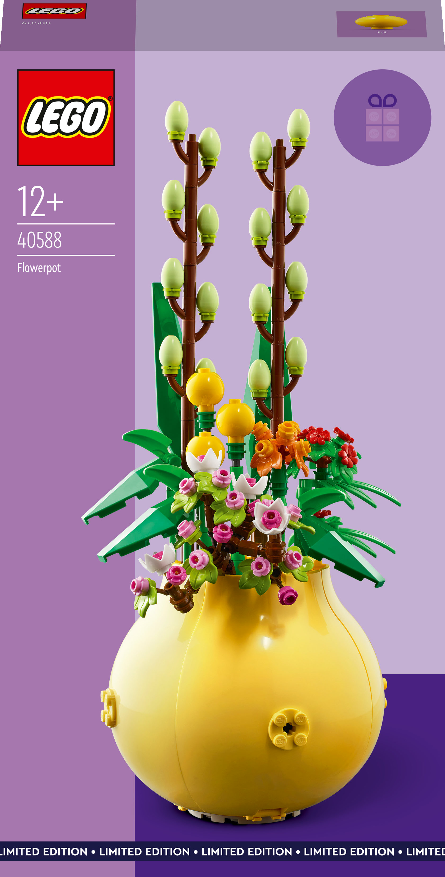 Zestaw doniczek LEGO. Żółty wazon zawiera różne kwiaty i zieleń. Tło jest fioletowe.