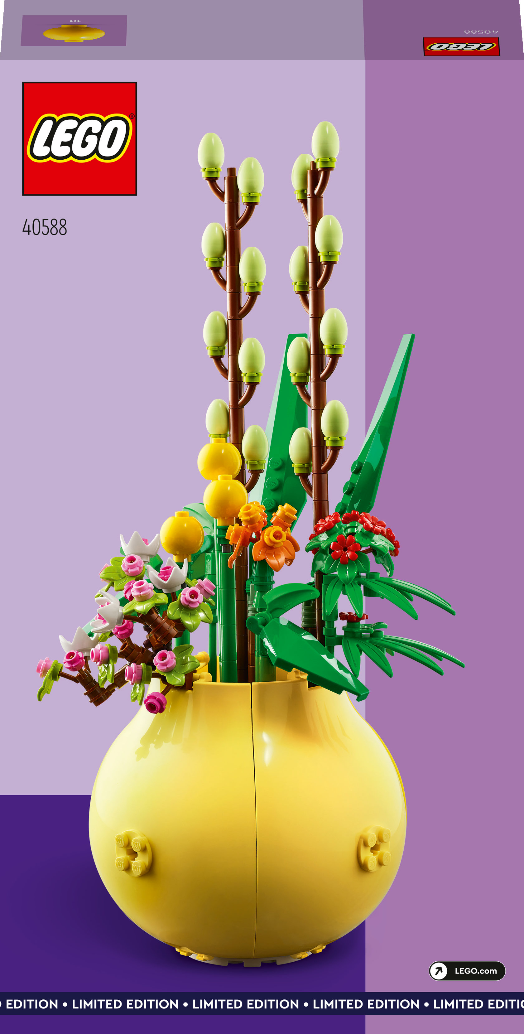 Zestaw LEGO 40588 przedstawia żółtą wazę z różnymi kompozycjami kwiatowymi. Tło jest w kolorze fioletowym.