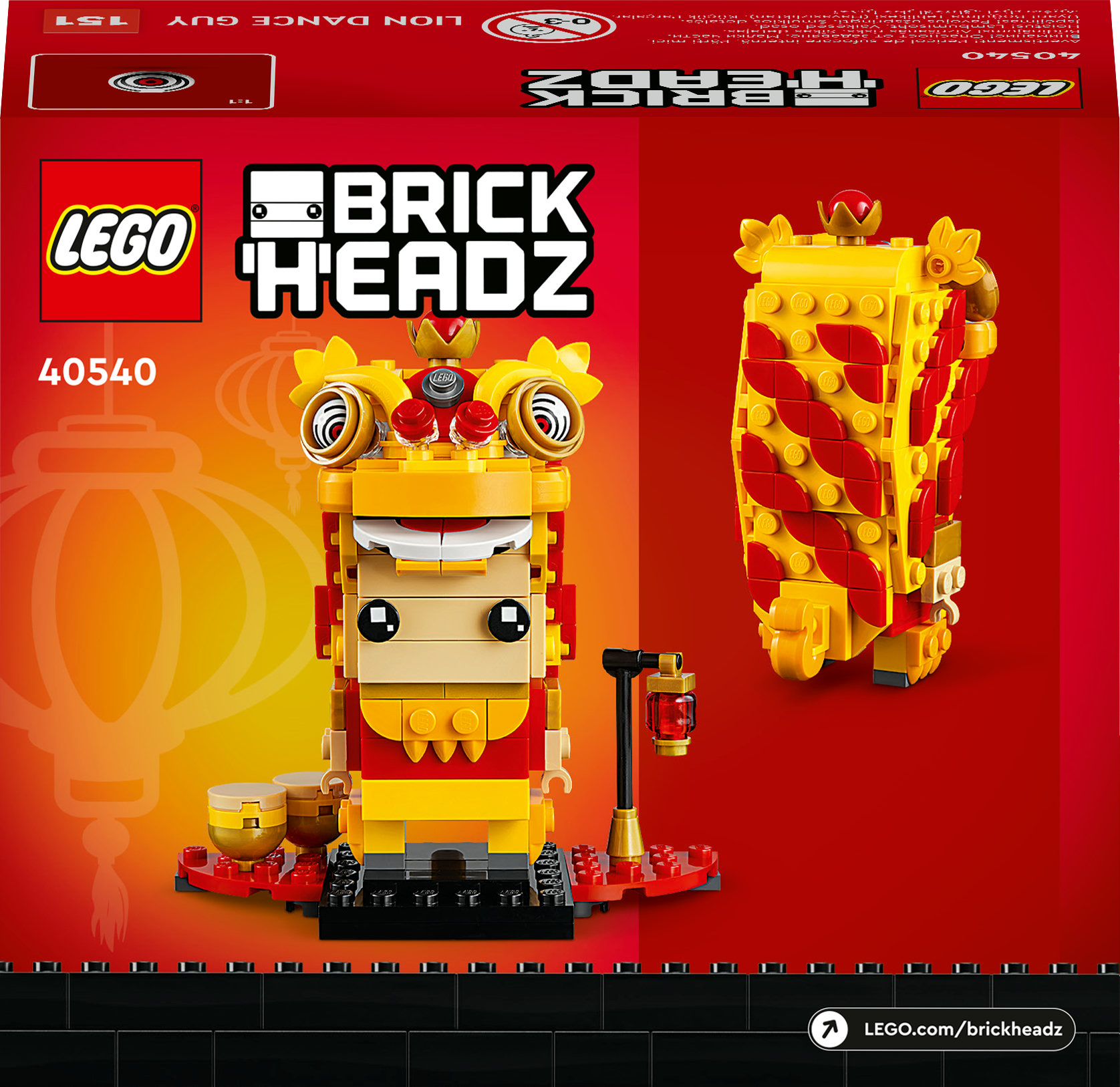 Scatola del set LEGO BrickHeadz Lion Dance Guy. Mostra il modello costruibile, il logo LEGO e il numero prodotto 40540 su sfondo rosso.