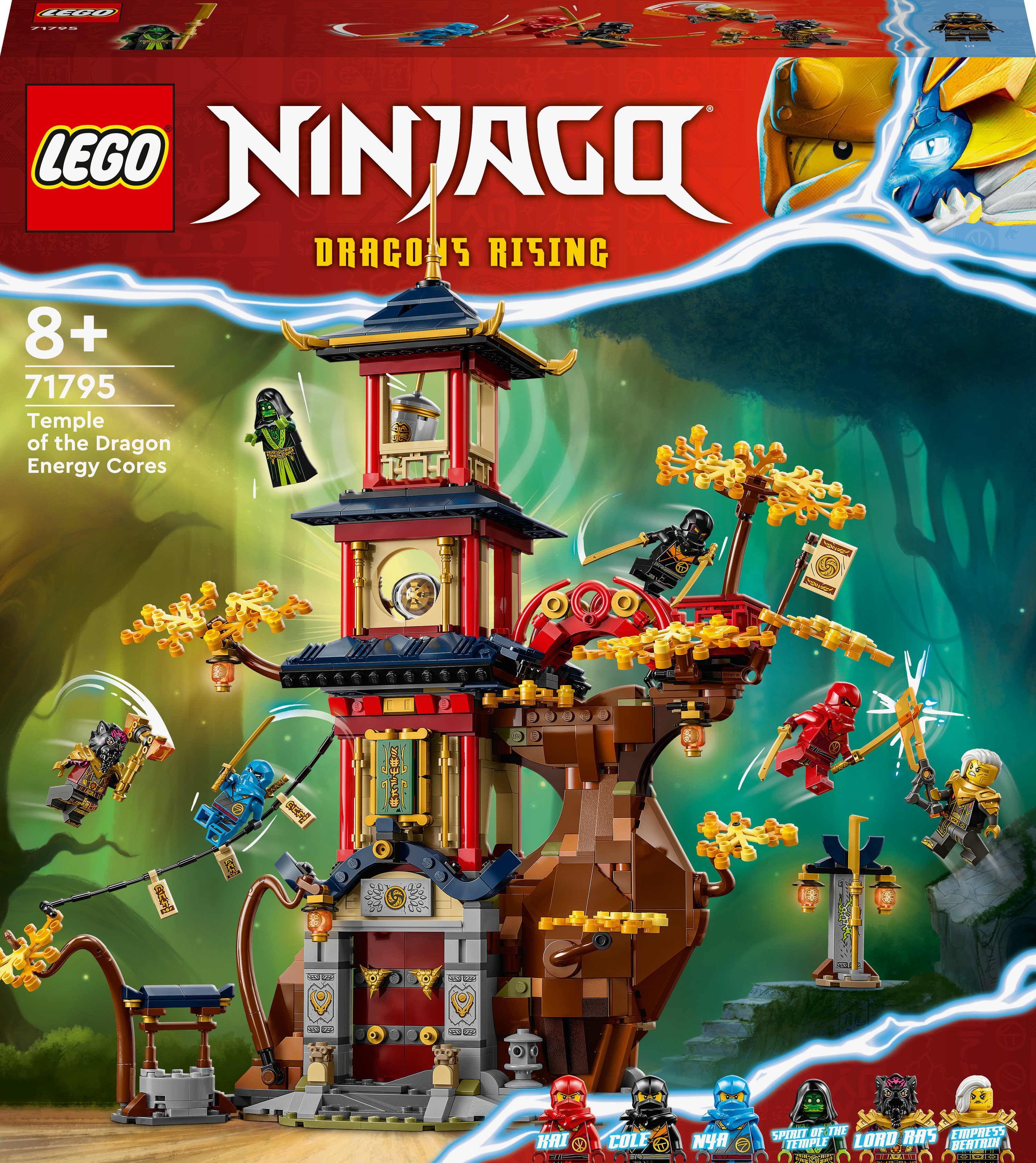Zestaw LEGO Ninjago. Zawiera wielopoziomową świątynię z minifigurkami. Smok na opakowaniu.