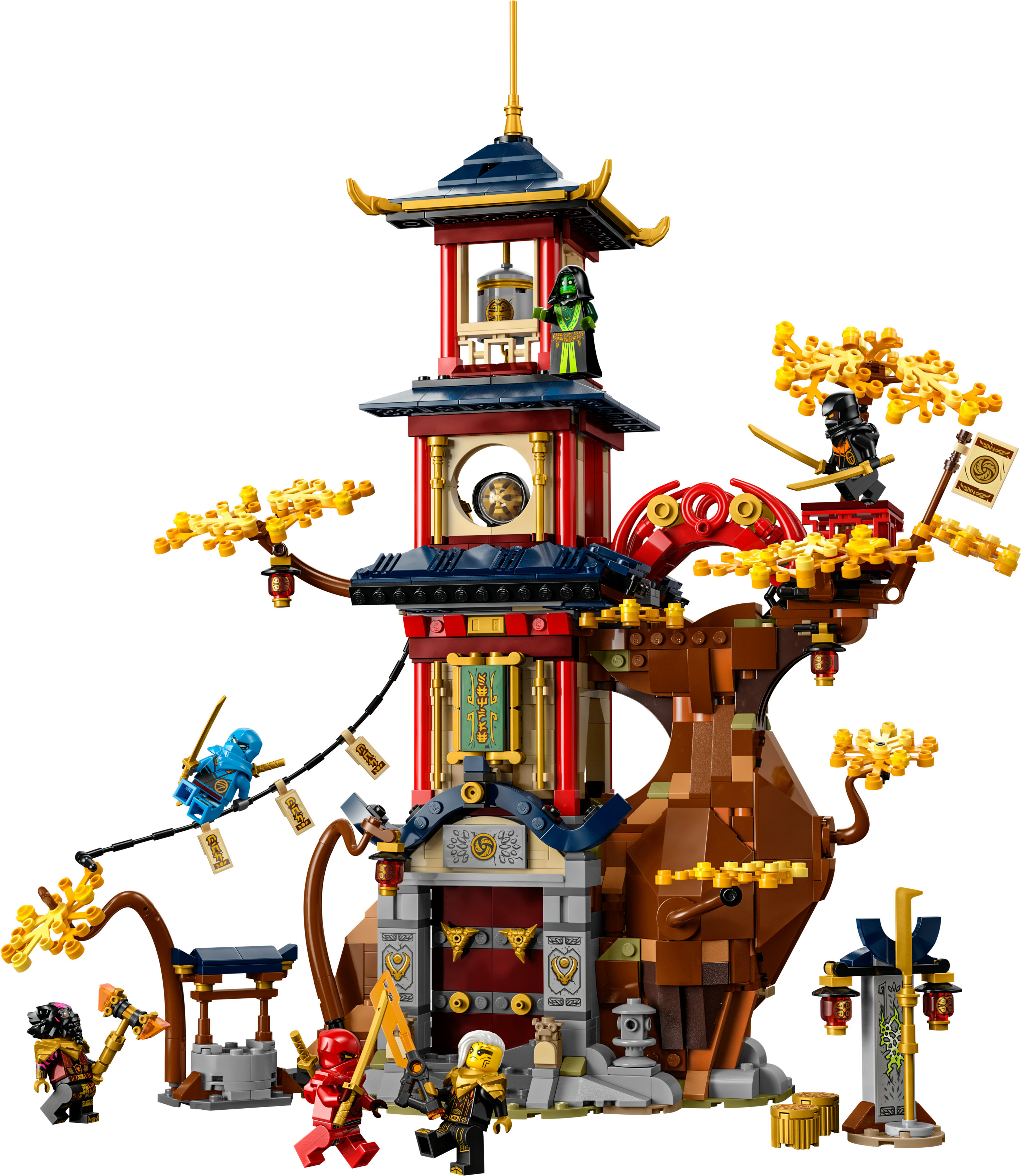 Zestaw LEGO Ninjago. Szczegółowy budynek z drzewem, ninja i akcesoriami.