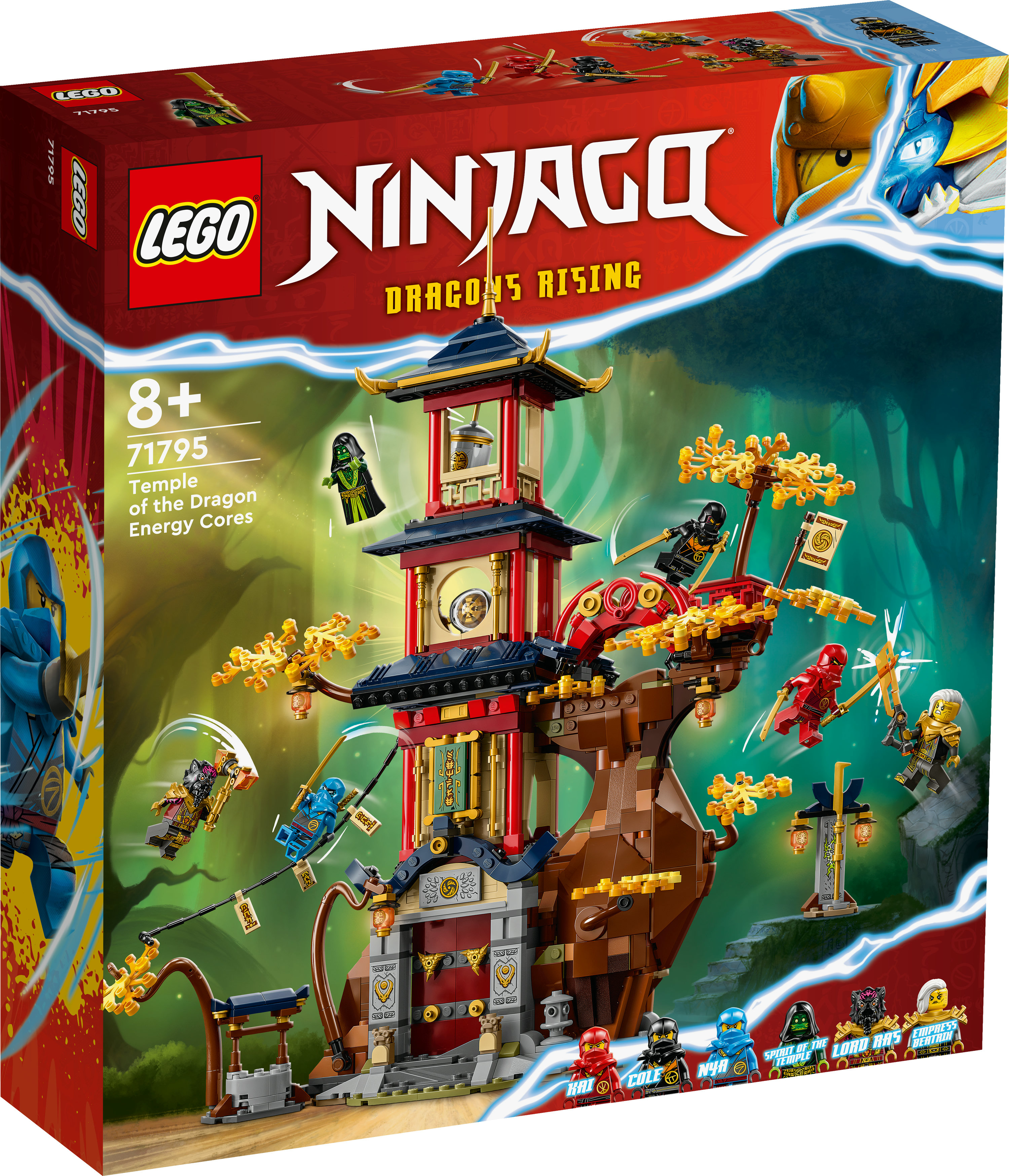 Grafika pudełka zestawu LEGO Ninjago. Przedstawia świątynię z figurkami ninja, smokami i napisem Dragons Rising.