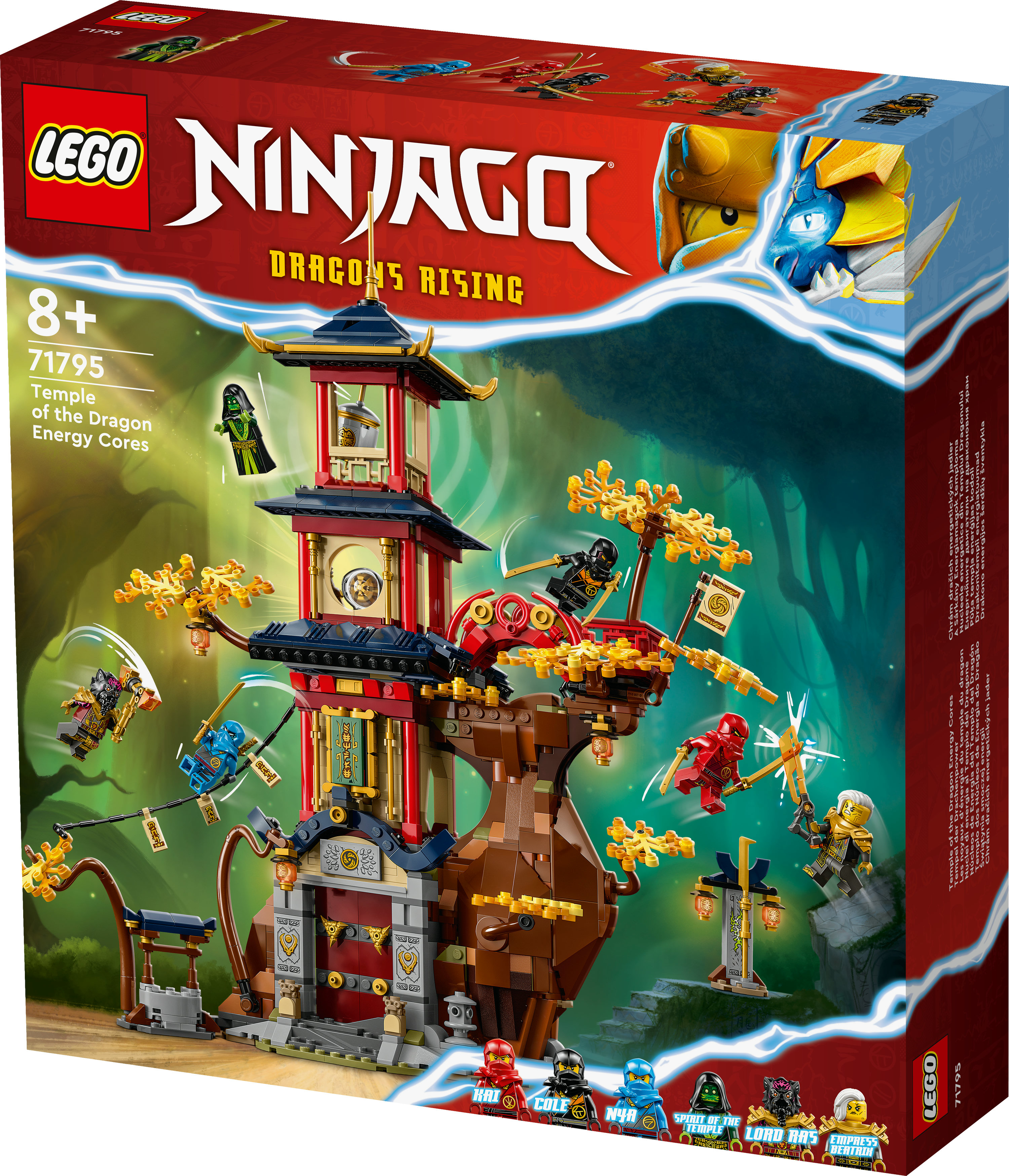 Pudełko zestawu LEGO Ninjago. Świątynia Smoka. Postacie walczą wokół wielopoziomowej świątyni.