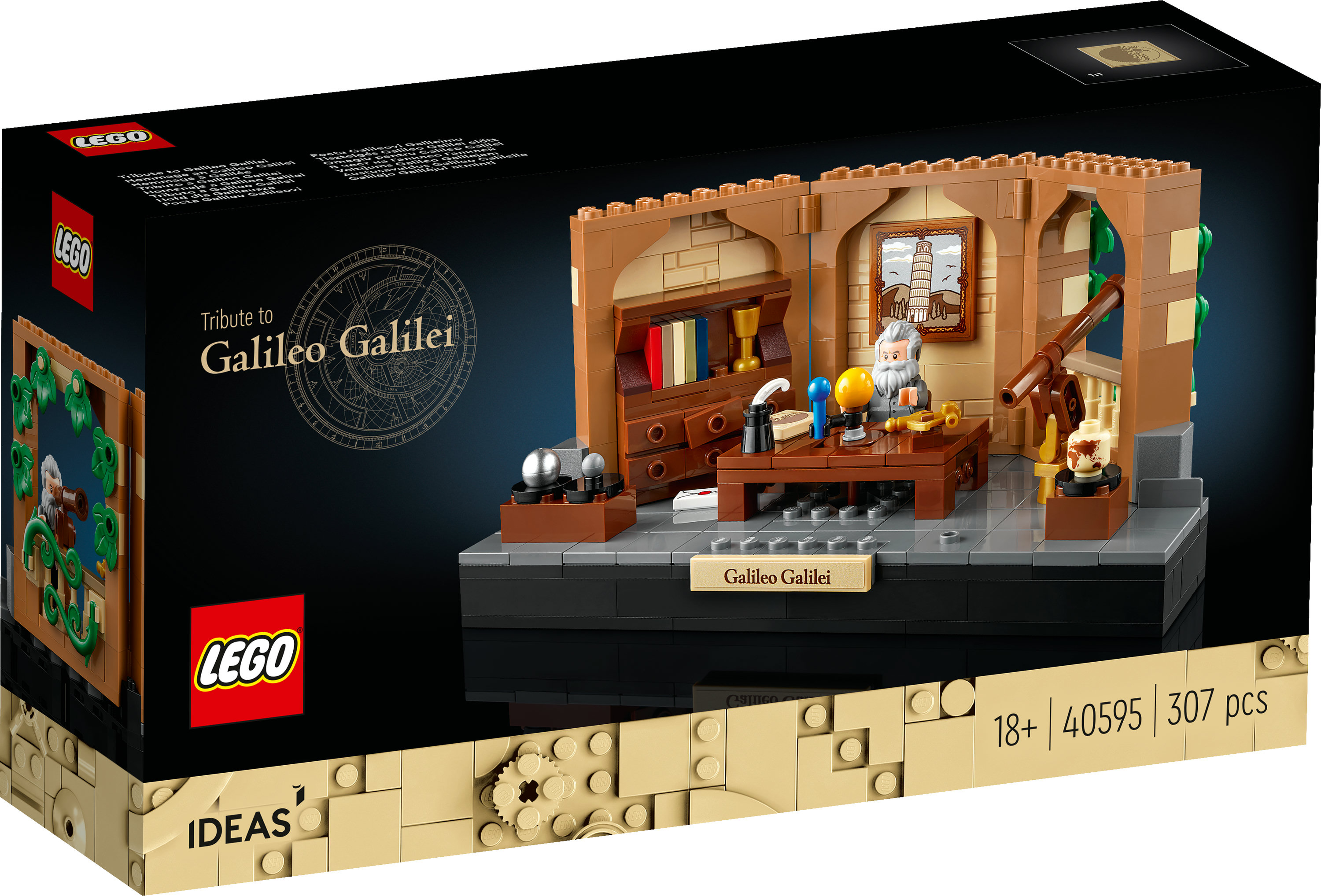 Pudełko zestawu LEGO. Zawiera model gabinetu Galileusza z teleskopem i figurką, a także tekst i logo.