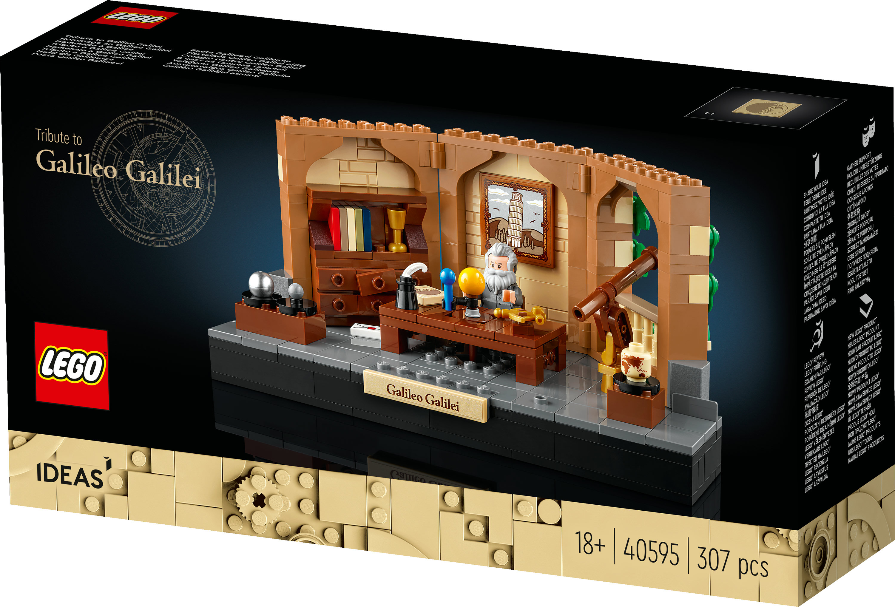 Zestaw Lego. Hołd dla Galileusza. Scena zawiera biurko, globus, teleskop i obraz wieży w Pizie.