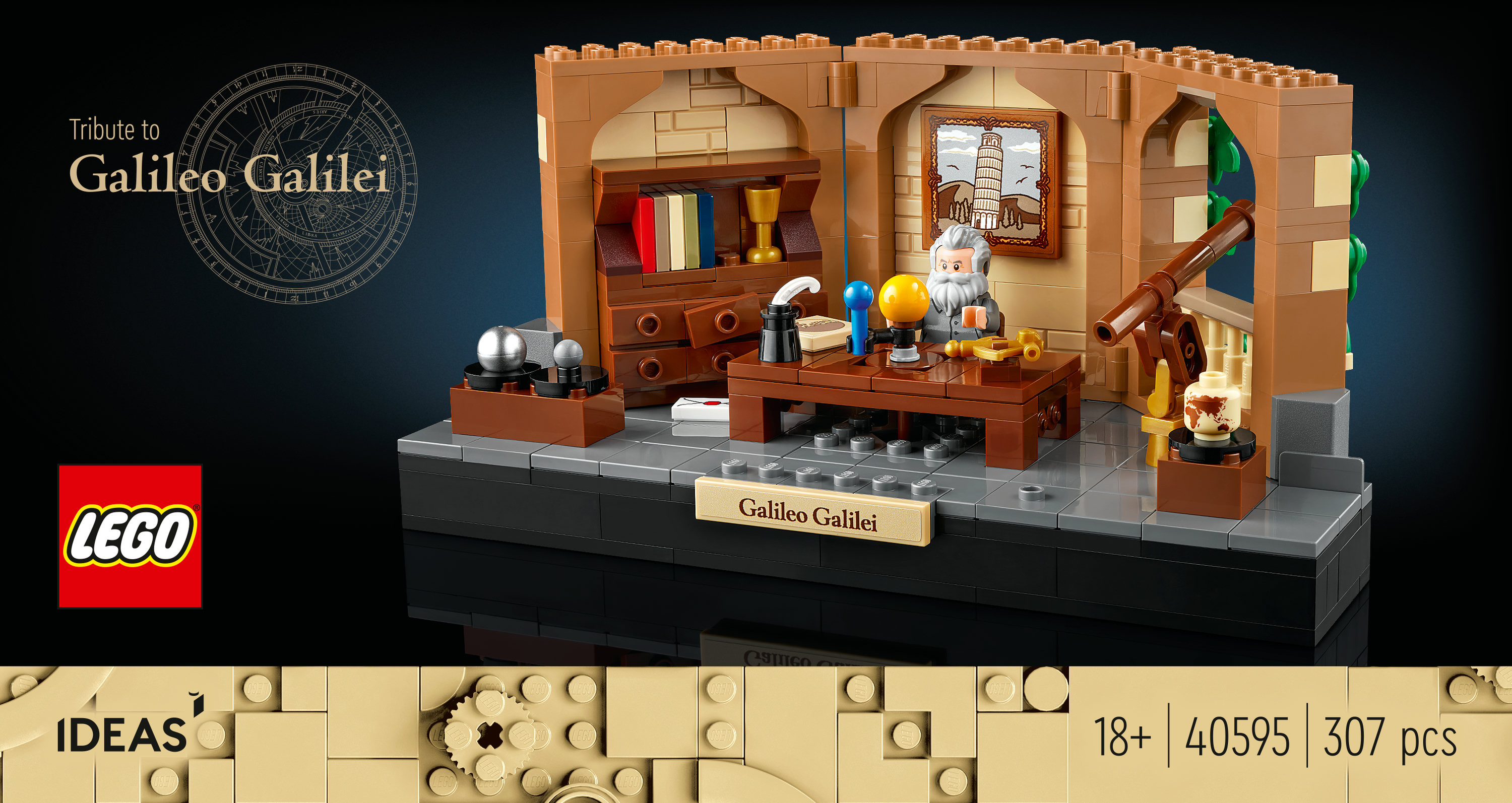 Zestaw LEGO przedstawiający gabinet Galileusza. Zawiera biurko, teleskop i miniaturowy obraz Wieży w Pizie.