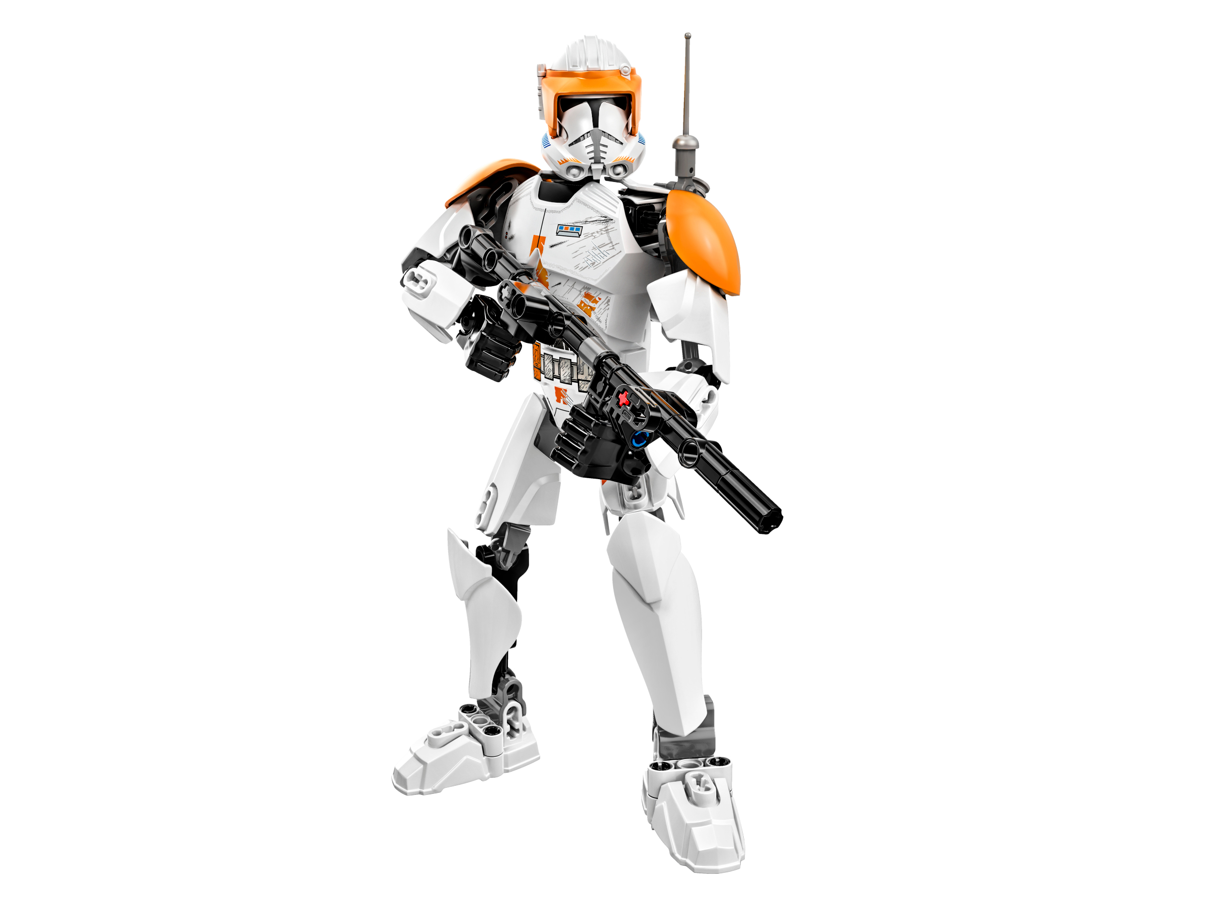 Una figura LEGO Star Wars del Comandante Cody con un blaster. È bianca con dettagli arancioni e un elmetto. Lo sfondo è bianco.