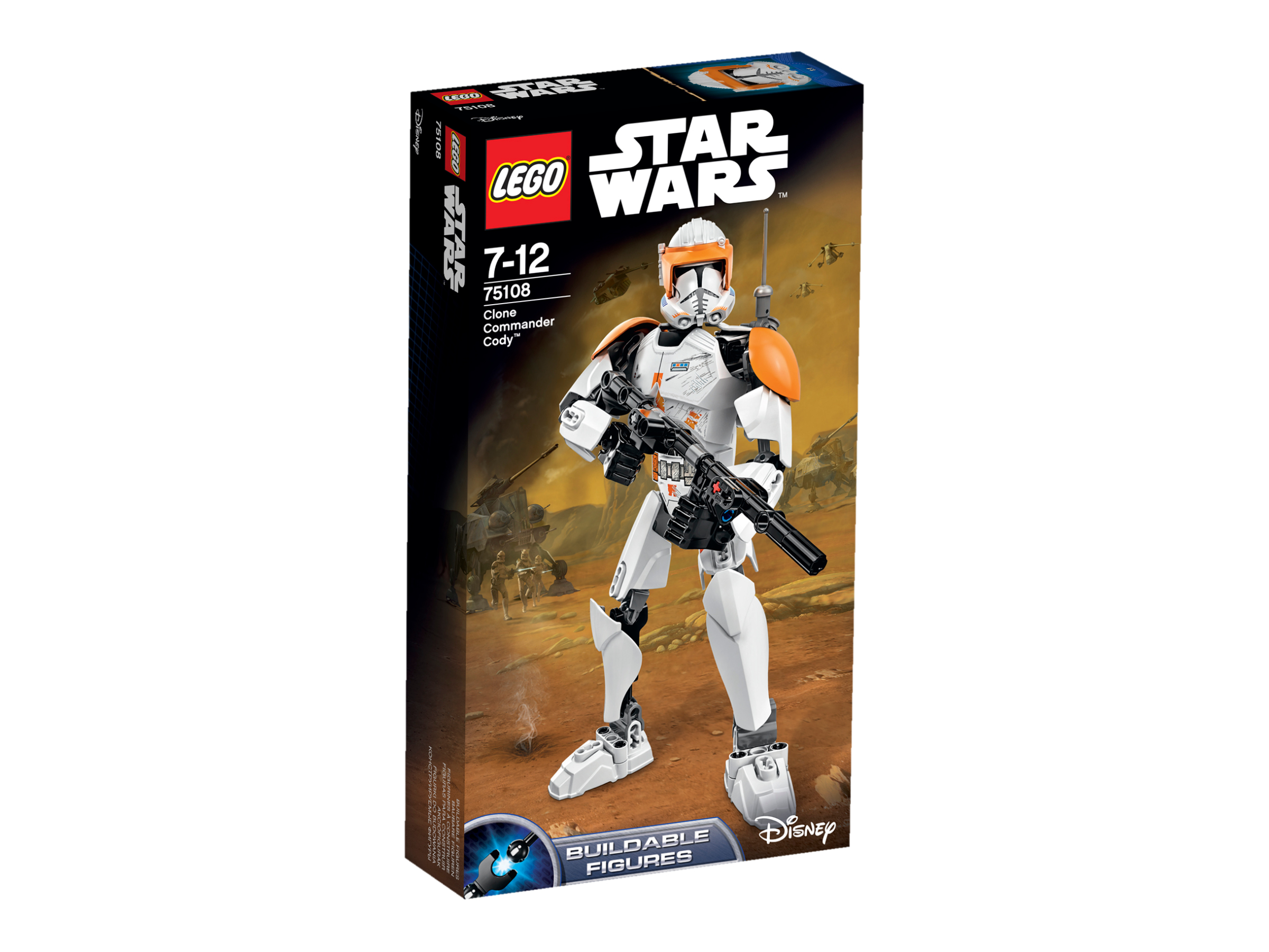 Box art di Lego Star Wars. Presenta la figura del Comandante Clone Cody. Include i loghi Lego, Star Wars e Disney.
