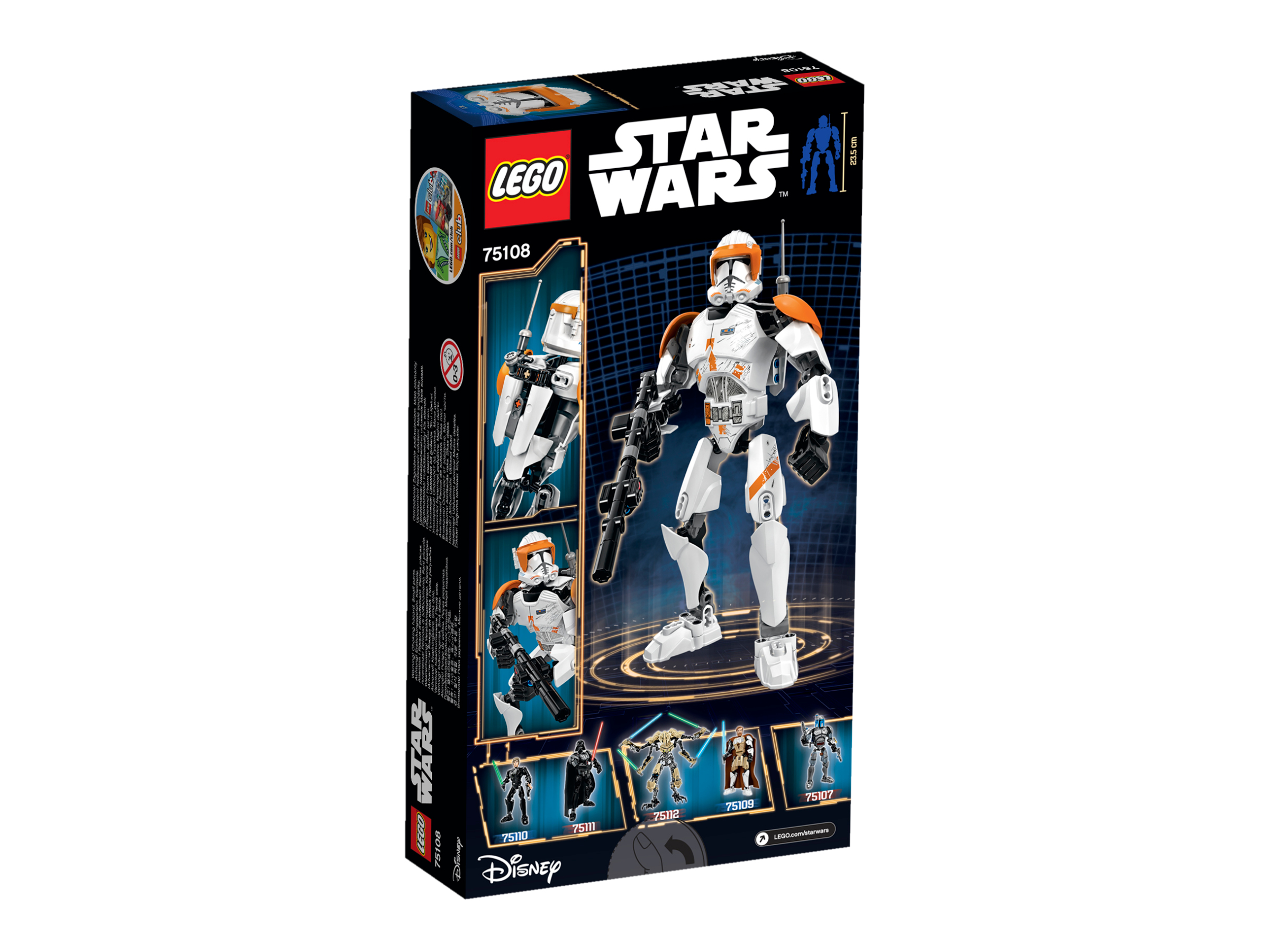 Scatola Lego Star Wars. Una figura bianca e arancione è mostrata sul davanti. Logo Star Wars in bianco e nero.