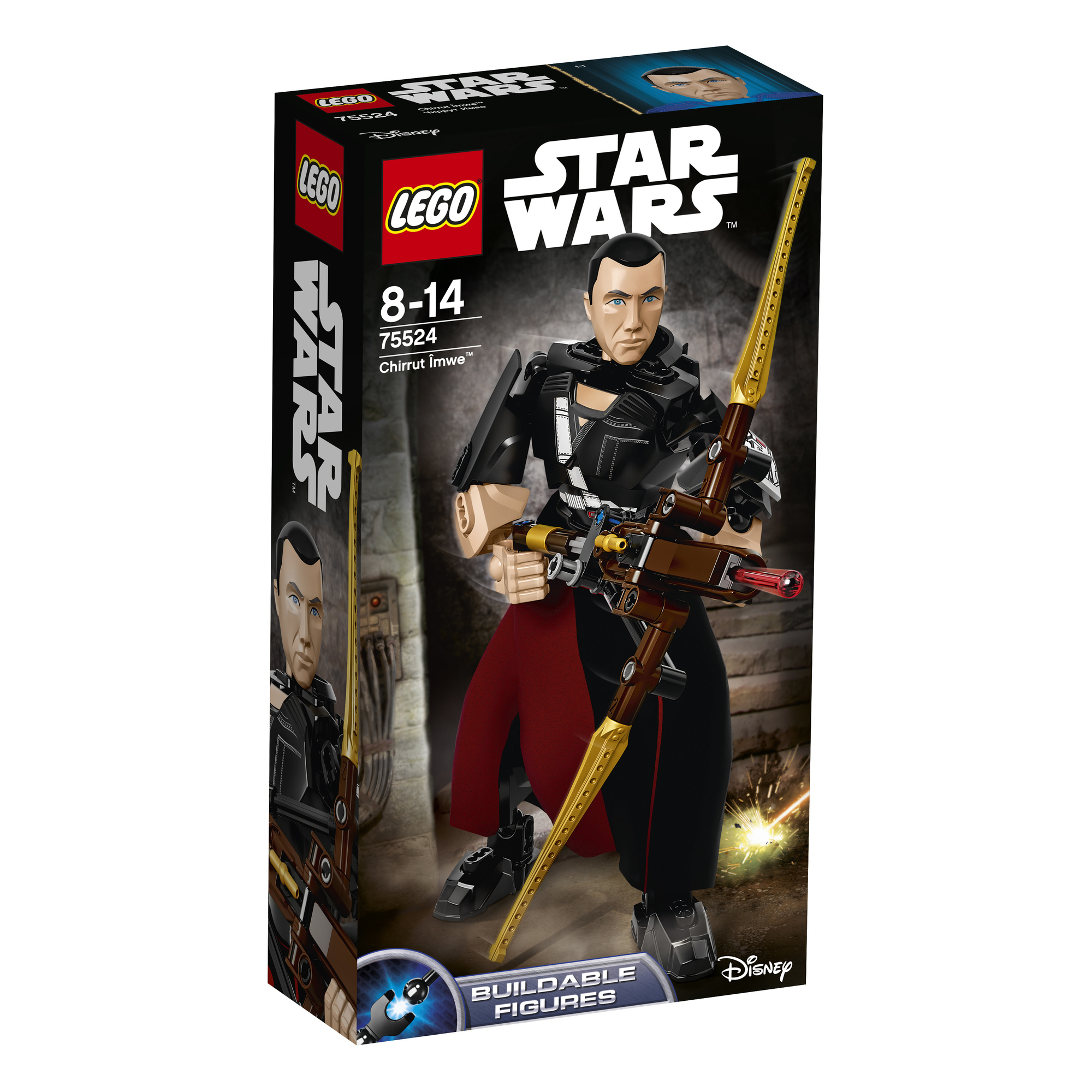 Scatola Lego Star Wars. Raffigura Chirrut Îmwe, una figura con un arco, che indossa abiti neri e rossi. Lo sfondo è un muro di pietra.