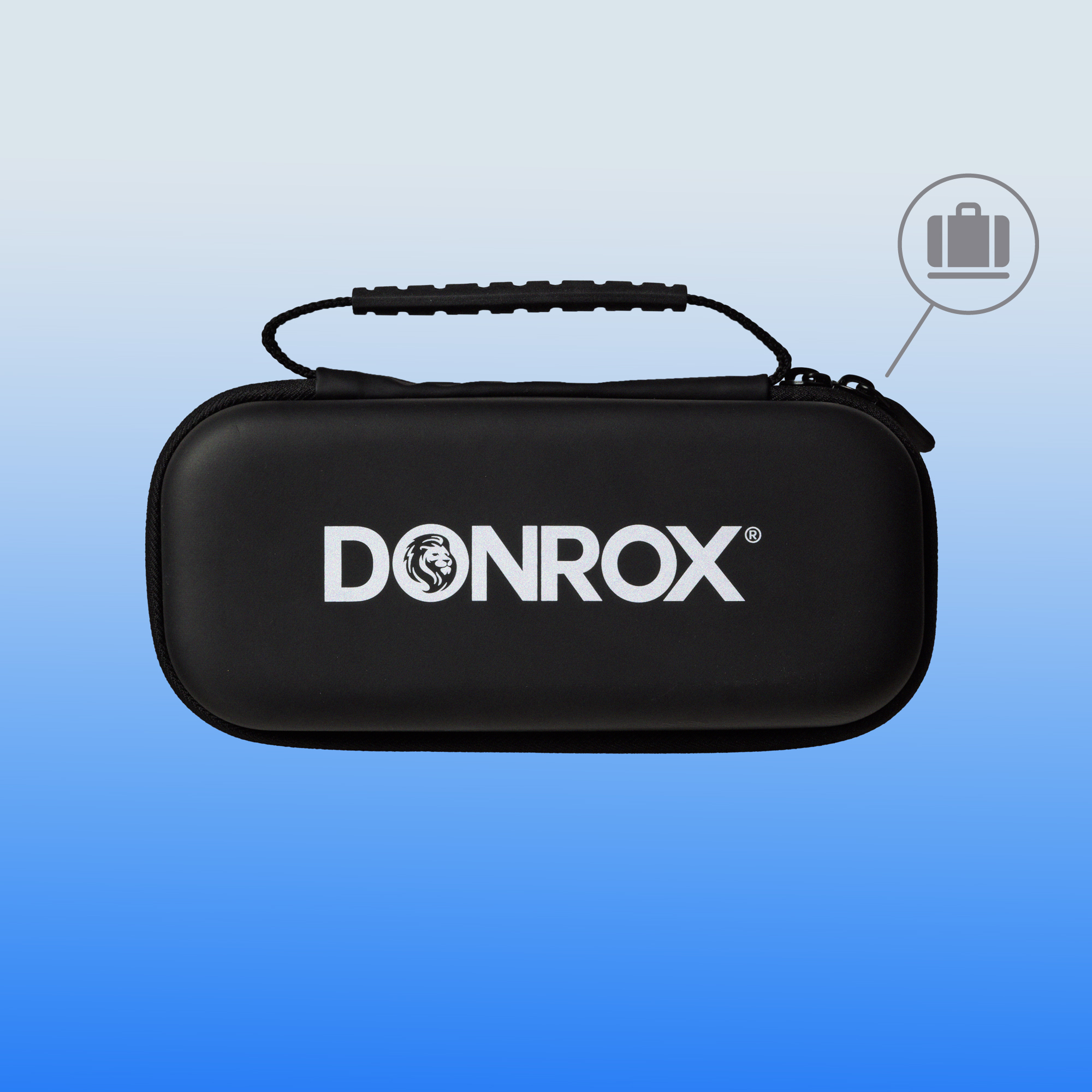 Zwarte etui met wit 'DONROX'-logo en een leeuwenkop. Heeft een handvat en rits. Een koffersymbool staat rechtsboven.