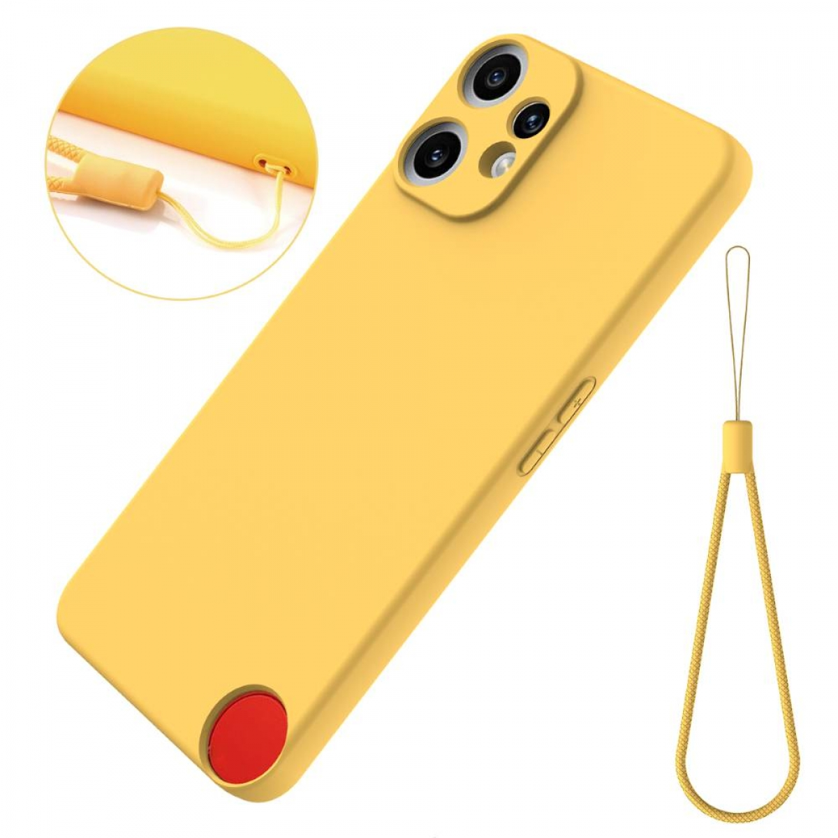 Gelbe Handyhülle mit rotem Knopf und Lanyard, mit Zoom auf das Lanyard und die Kamera des Telefons.