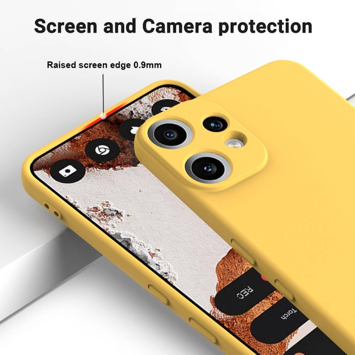 Eine gelbe Handyhülle schützt ein Handy. Der Bildschirm des Telefons zeigt App-Symbole. Oben steht: 'Screen and Camera protection'.
