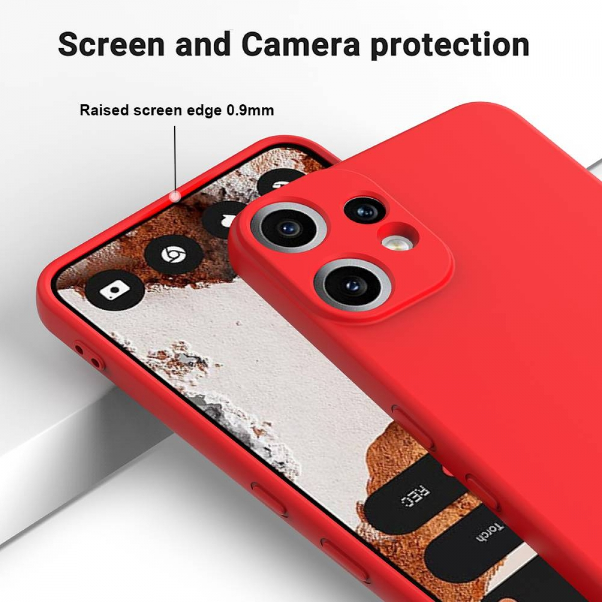 Eine rote Handyhülle schützt ein Telefon mit erhöhten Kanten und Kameraschutz. Der Bildschirm zeigt App-Symbole und einen Hintergrund.