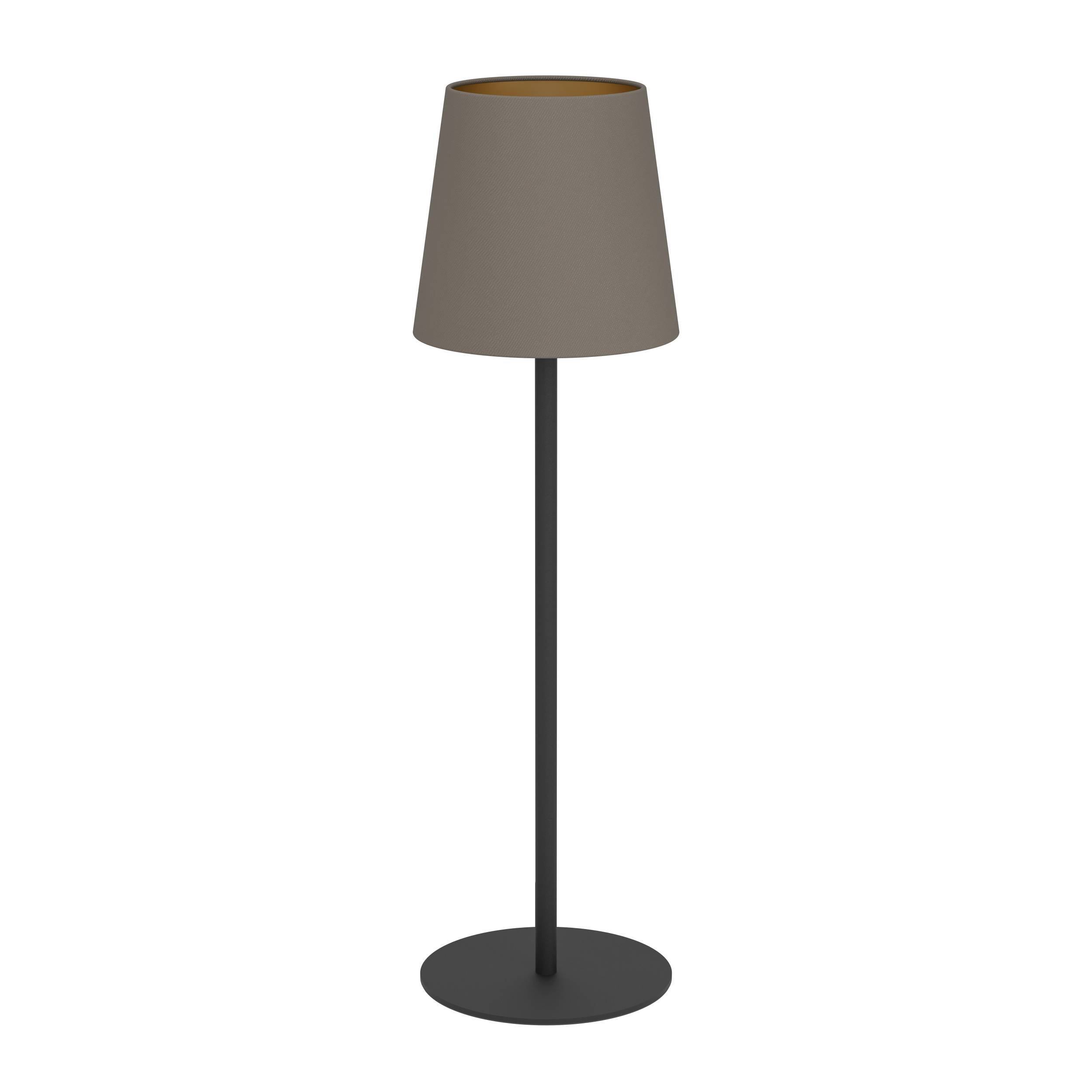 Eine Stehlampe mit grauem Lampenschirm und schwarzem Ständer auf weißem Hintergrund.