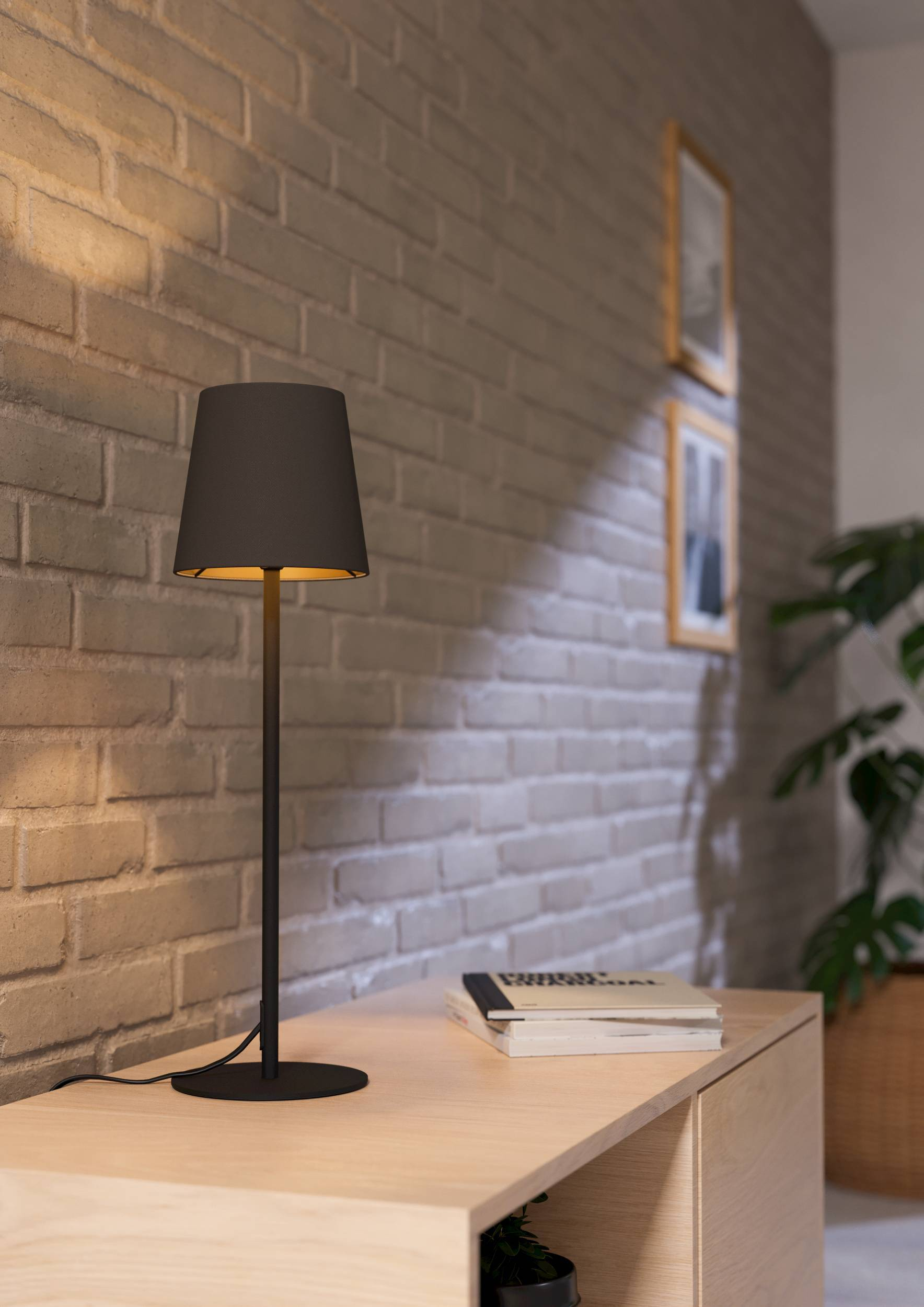 Eine Lampe mit schwarzem Schirm steht auf einem Holzschrank. Bücher und eine Pflanze befinden sich ebenfalls auf dem Schrank, mit Bildern an der Wand.